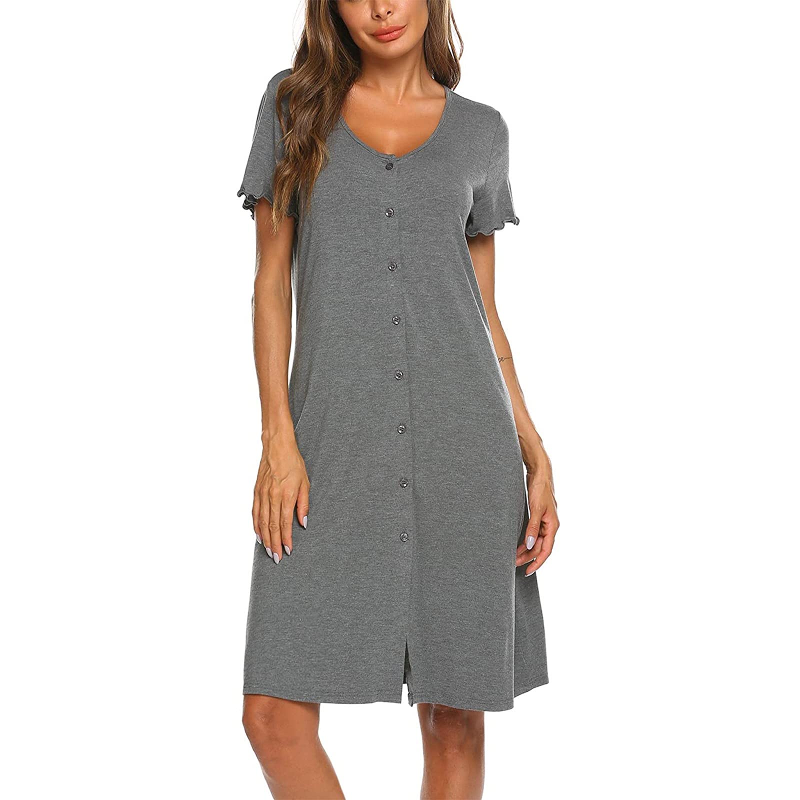 BUYYA Women's Casual Button-Down Pajama Dress - Soft Cotton Knee-Length Nightgown for Maternity & Homewear (Gray) | Perfect for Sleeping, Lounging & Pregnancy Comfort
