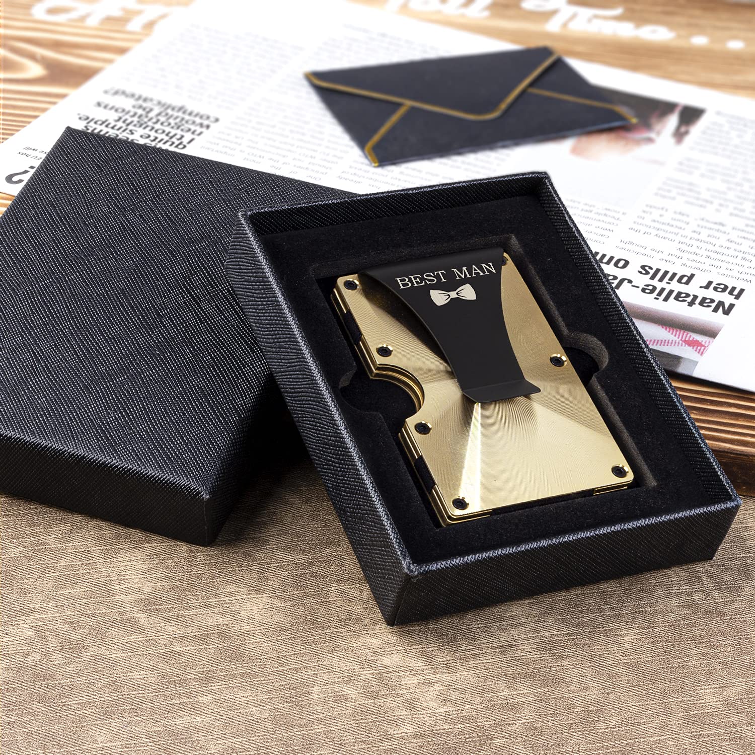 Personalized Best Man Gifts Set - Custom Engraved Aluminum Metal Wallet with Money Clip | Gold Groomsmen Gift Card Holder for Wedding | Perfect for Best Man, Groomsmen & Wedding Party Accessories