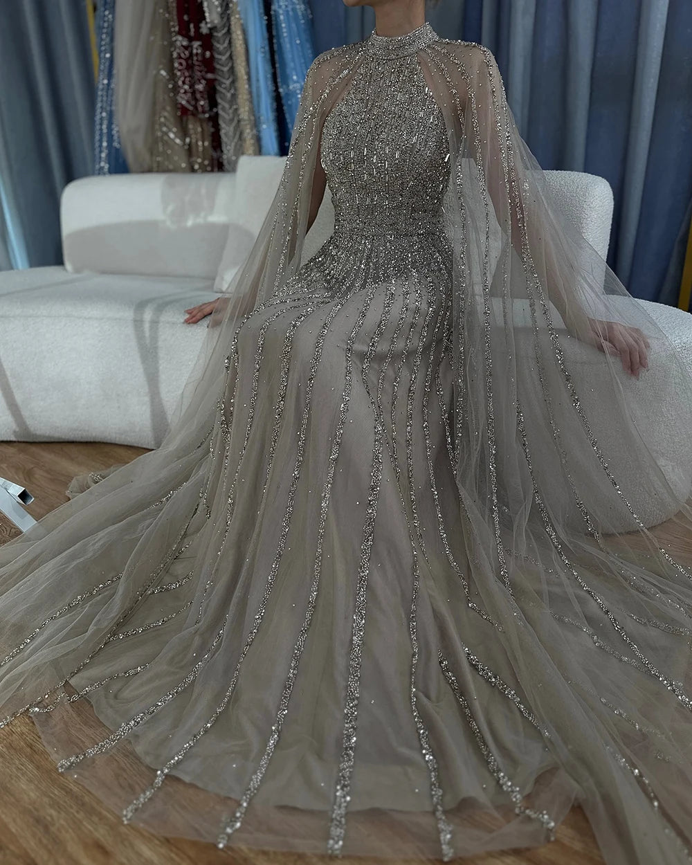 Luxury Dubai Arabic Caramel A-Line Cape Sleeve Beaded Evening Gown - Saudi Formal Dress for Women LA72306B | Perfect for Weddings, Galas & Special Occasions