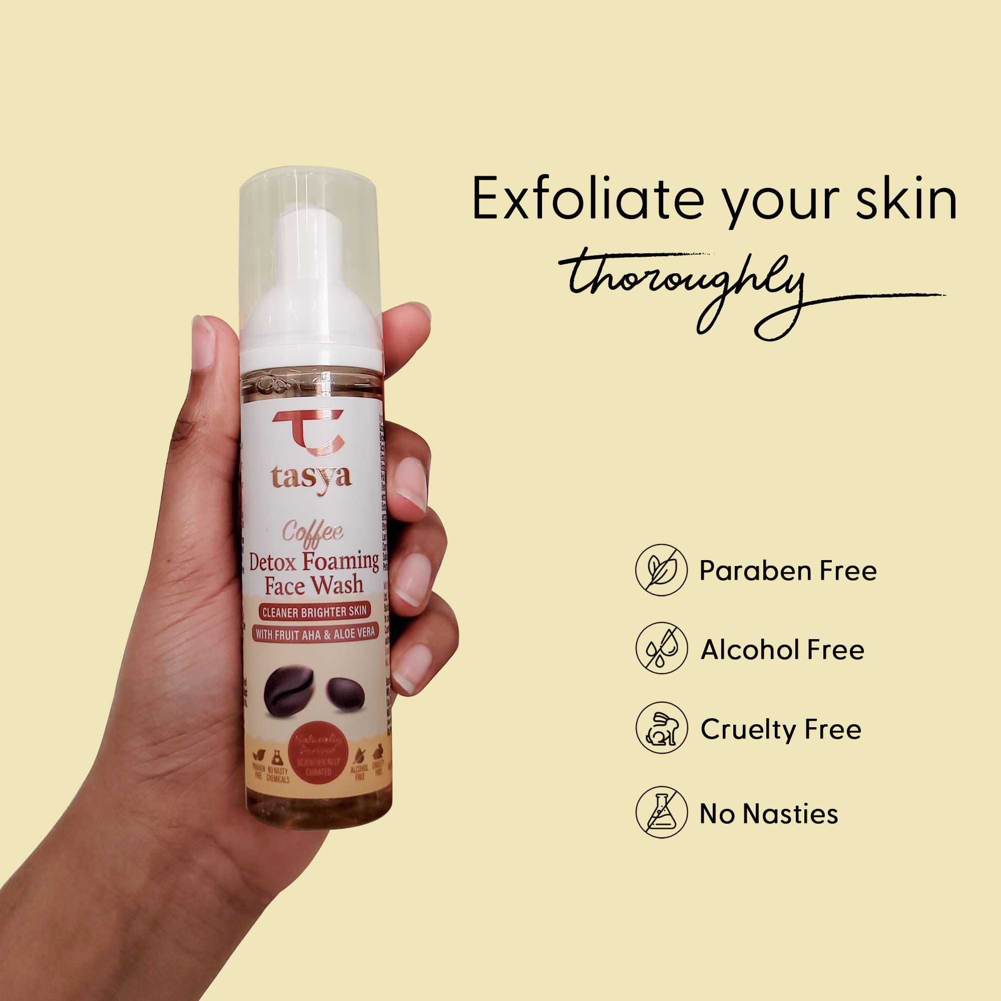Tasya Detox Coffee Foaming Face Wash with Fruit AHA & Aloe Vera - Brightening & Cleansing Facial Cleanser 75ml - Perfect for Morning Skincare Routine & Acne-Prone Skin
