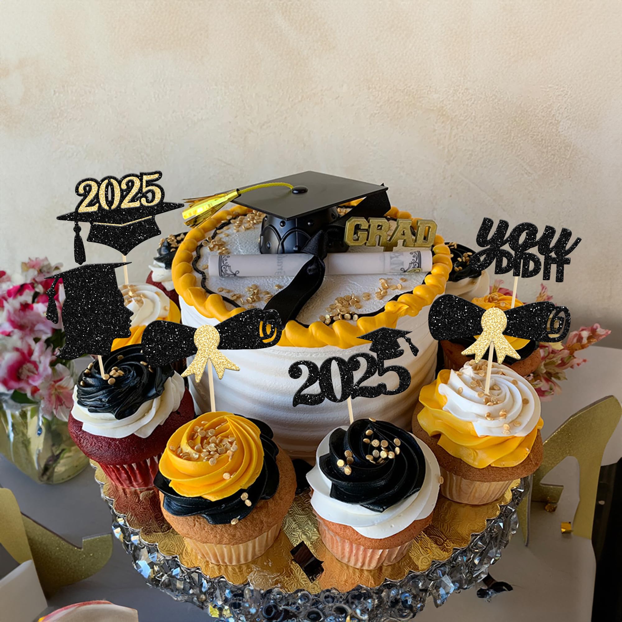 30Pcs Gold Glitter Graduation Cupcake Toppers - Class of 2025 Diploma Cap Cake Decorations for Women & Girls | Perfect for 2025 Graduation Party, School Celebration & Dessert Table Decor