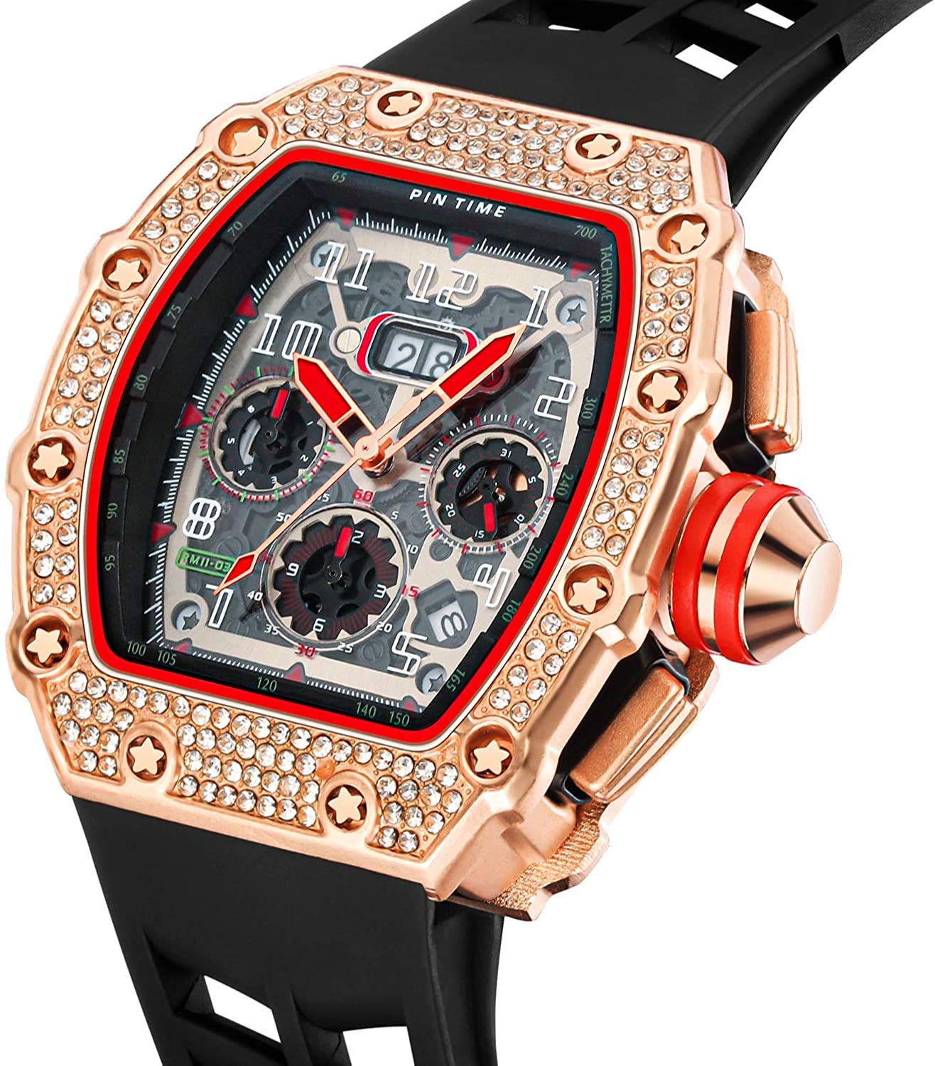 Luxury Gosasa Men's Diamond Tonneau Watch - Analog Chronograph with Date Calendar, Large Rectangle Face & Silicone Strap - Perfect for Business, Dress & Work Attire | Elegant Wristwatch for Formal Events & Professional Settings