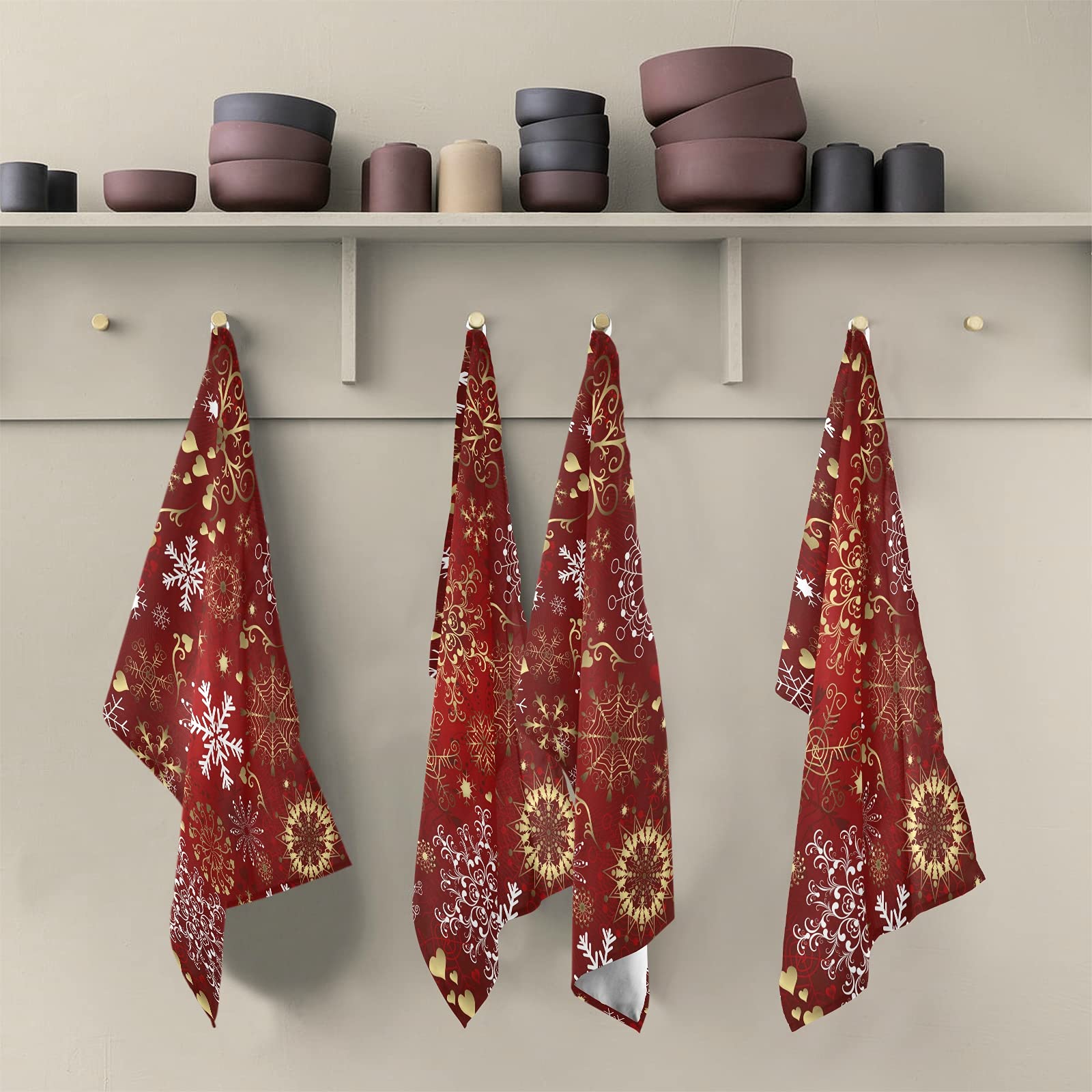 ALAZA Christmas Snowflake Red & Gold Kitchen Towels Set of 6 - Super Absorbent Soft Dish Towels 18x28 inches - Perfect for Holiday Decor, Dish Drying & Tea Time