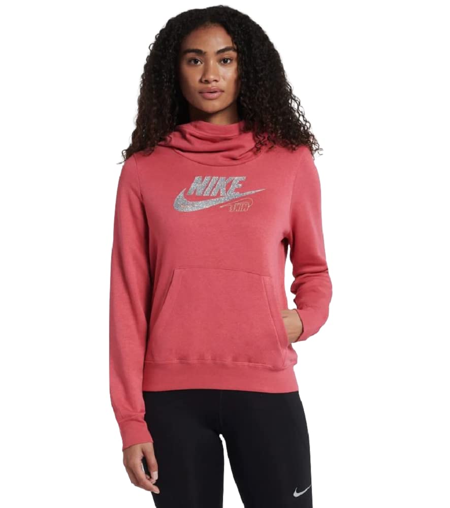 Nike Women's NSW Fleece Glitter Funnel Hoodie - Archaeo Pink | Cozy Winter Pullover for Running, Gym & Casual Wear