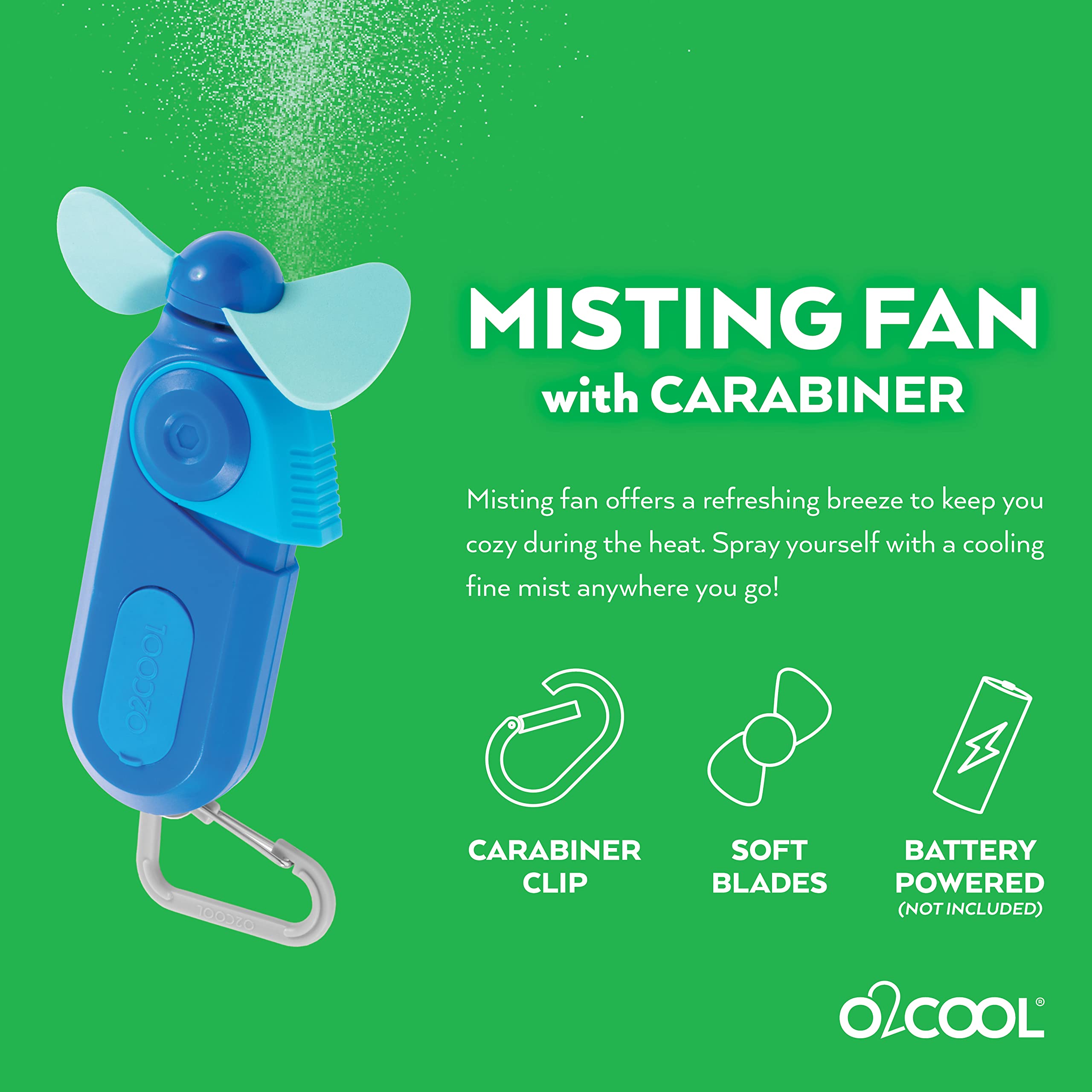 O2COOL 2 Pack Keychain Sport Misting Fan - Portable Battery Powered Handheld Fan with Carabiner Clip & Water Mister - Perfect for Outdoor Sports, Hiking, Travel & Hot Weather (Blue)