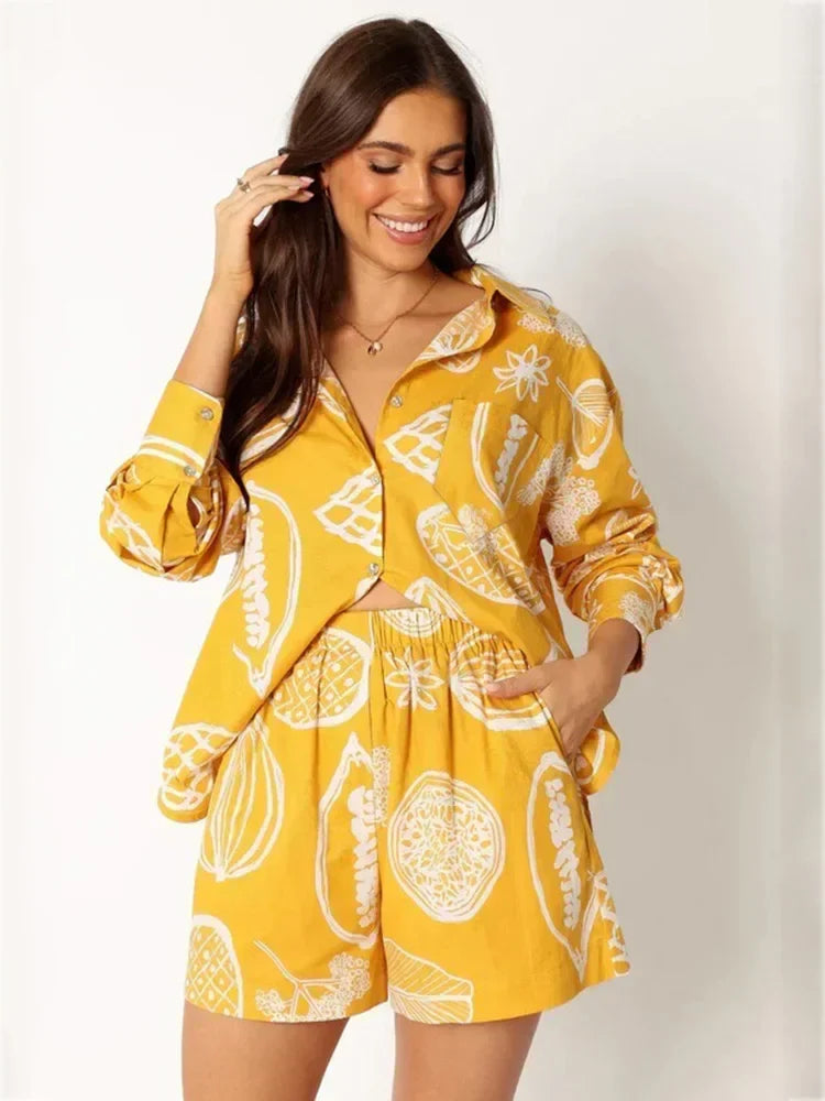 Women's Foridol Fruit Print Pocket Casual Shirt & Shorts Matching Set - Oversized Summer Beach Outfit in White | Perfect for Spring Vacations, Pool Parties & Tropical Getaways