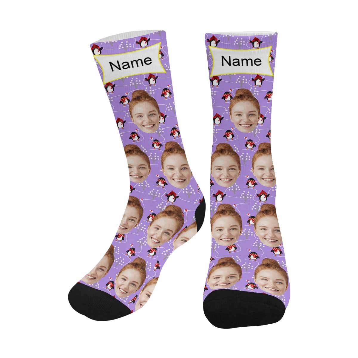 Custom Printed Face Socks for Men & Women - Funny Penguin & Scarf Design Crew Socks - Christmas Gifts, Stocking Stuffers & Winter Fashion Accessories (Perfect for Holiday Parties, Cozy Home Wear & Gift Exchanges)