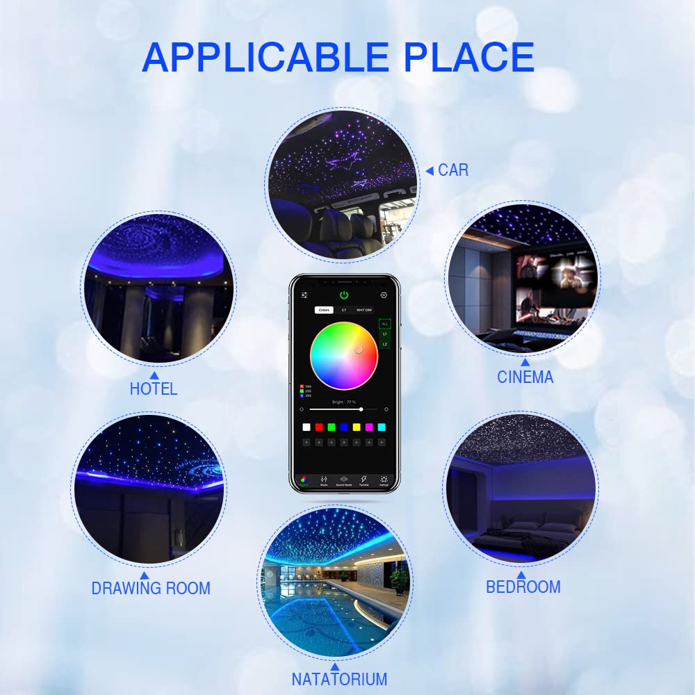 16W Fiber Optic Star Ceiling Light Kit - 360pcs 0.03in 9.8ft Bluetooth RGBW LED Fiber Optic Lights with APP/Remote Control & Sound Activation | Perfect for Car Headliner, Home Theater, Bedroom & Party Decoration