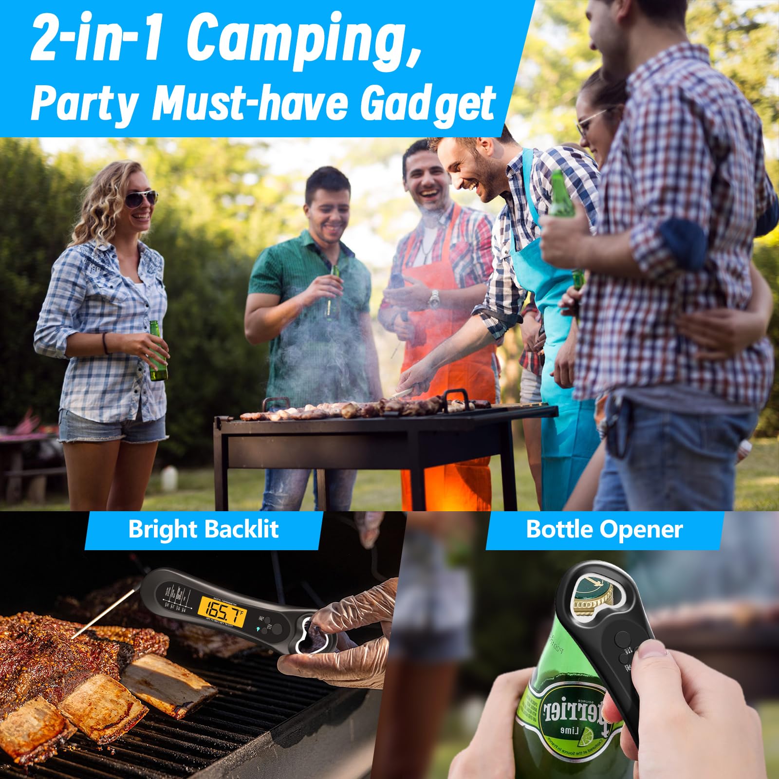 Digital Meat Thermometer with Instant Read - Accurate Cooking & Grilling Food Thermometer for BBQ, Turkey, Candy, Liquids - Features Backlight, Bottle Opener & Calibration - Perfect Kitchen Gadget for Home Chefs & Outdoor Cooking