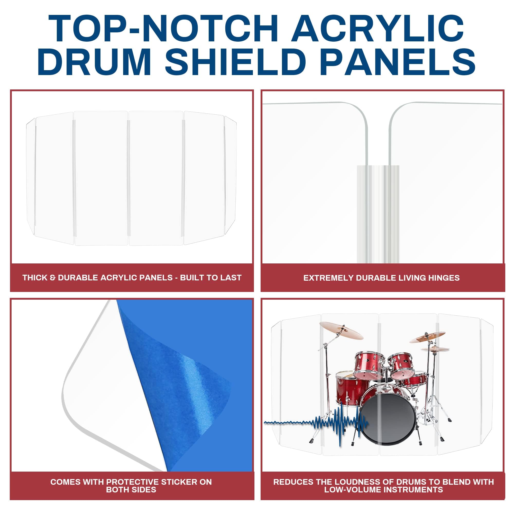 5ft Drum Shield with Plastic Hinges - 6 Premium Clear Acrylic Drum Panels & Screens for Noise Reduction - Perfect for Home Studios, Live Performances & Drum Practice Rooms