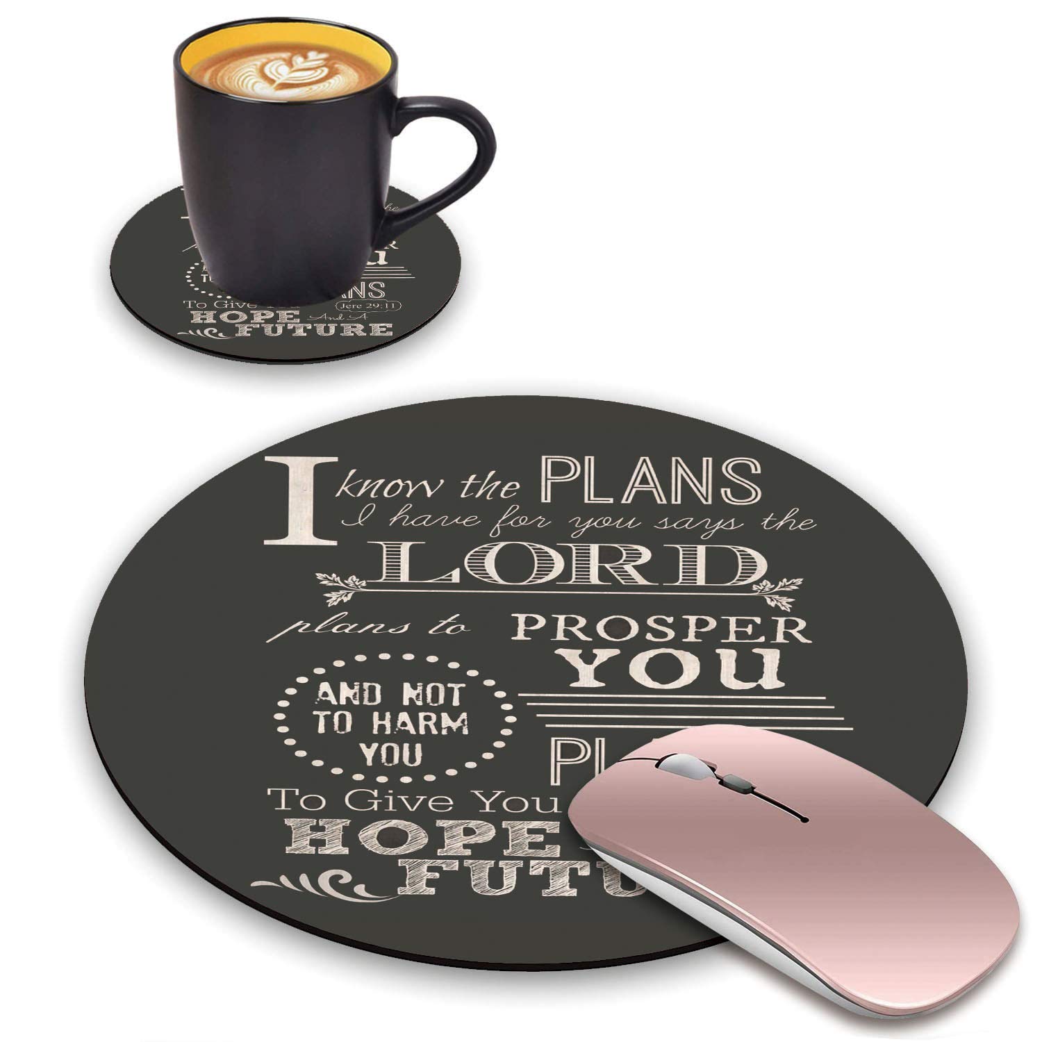 Jeremiah 29:11 Bible Verse Round Mouse Pad & Coasters Set - Non-Slip Rubber Base for Laptop, Computer, Office & Home Use