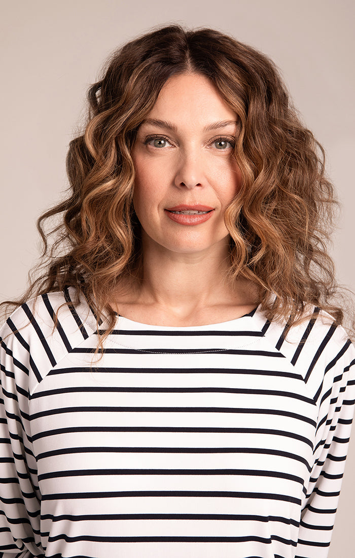 Breezy Raglan Top - Navy Stripe Women's Casual T-Shirt | Comfortable Loose Fit Short Sleeve Tee for Yoga, Running & Everyday Wear