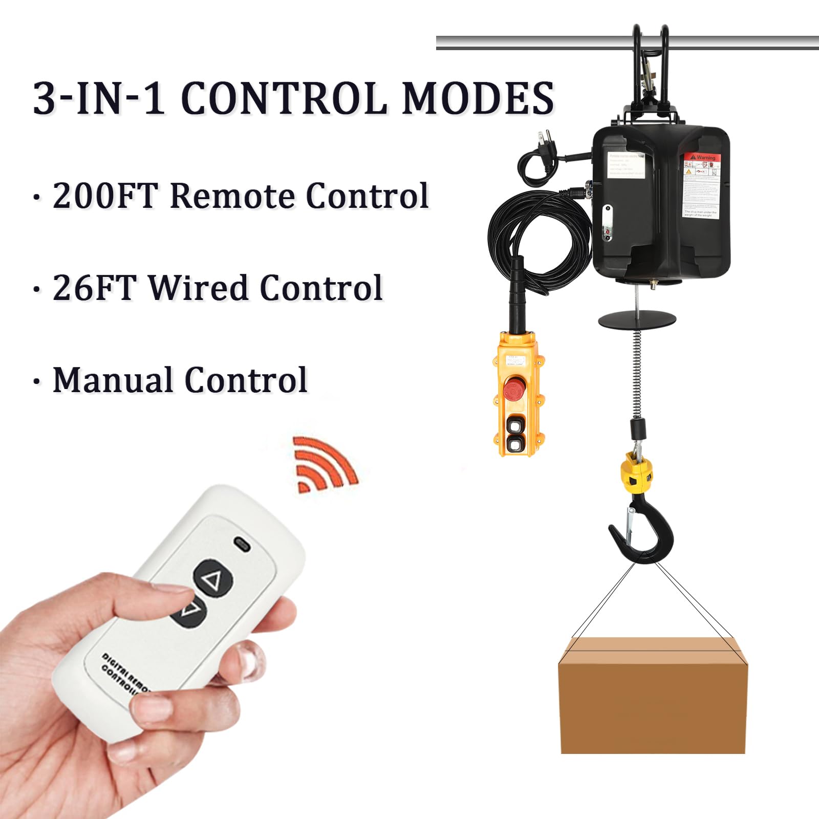 1100 LBS Electric Hoist Winch - 3-in-1 Portable Winch with Wireless Remote & Pendant Control - 1500W 110V - 24.93FT Lift Height - for Warehouse, Factory, Garage, Construction & Home Use (Black)