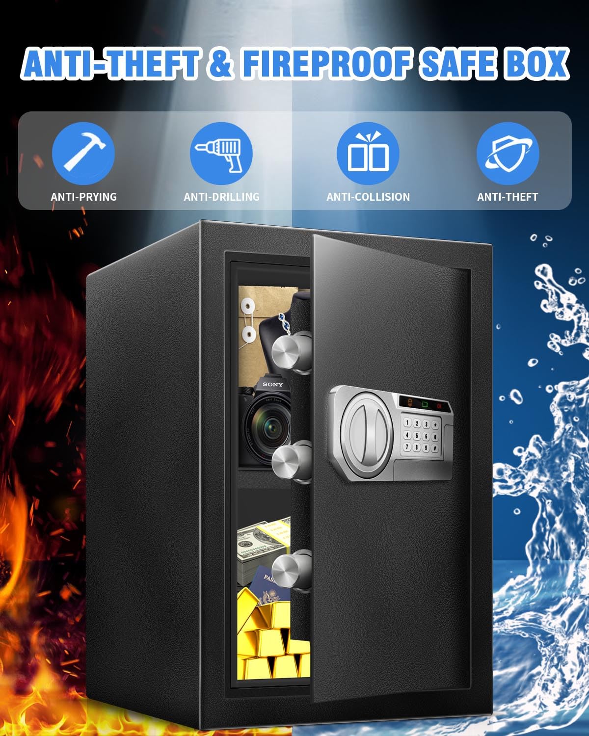 2.5 Cu Ft Steel Electronic Digital Safe Box with LED Sensor Light & External Power - Home & Office Security for Documents, Money, Jewelry & Valuables - Ideal for Bedroom, Closet & Business Use