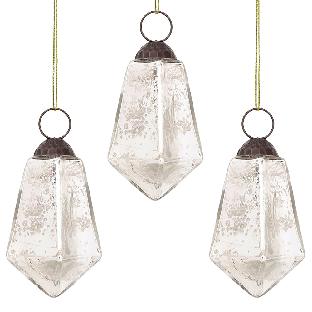 3 Pack Silver Kayla Mercury Glass Teardrop Ornaments - Elegant Christmas Tree Decorations for Holiday Home Décor, Party & Wedding Centerpieces