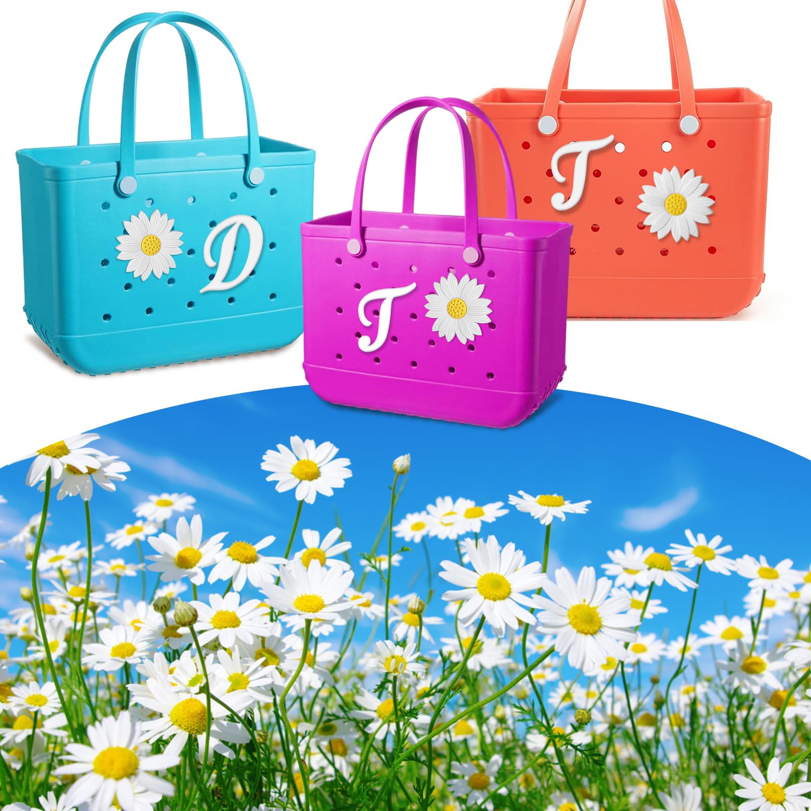 Bogg Bag Charms - 2pcs Letter & Flower Accessories for Beach Bags (T+Daisy) | Perfect for Summer Outings