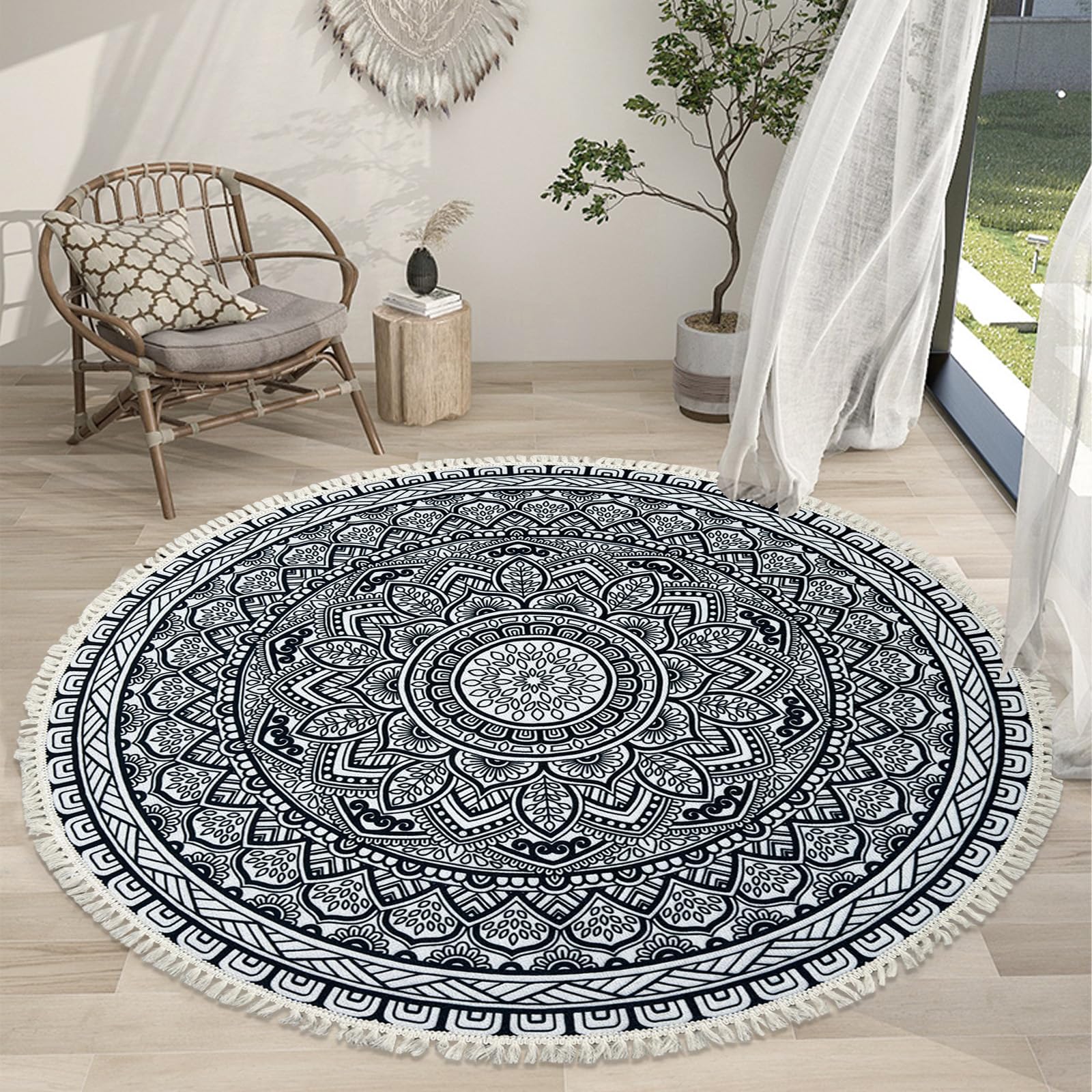 5Ft Round Boho Rug - Floral Farmhouse Carpet for Kids Bedroom & Living Room Decor