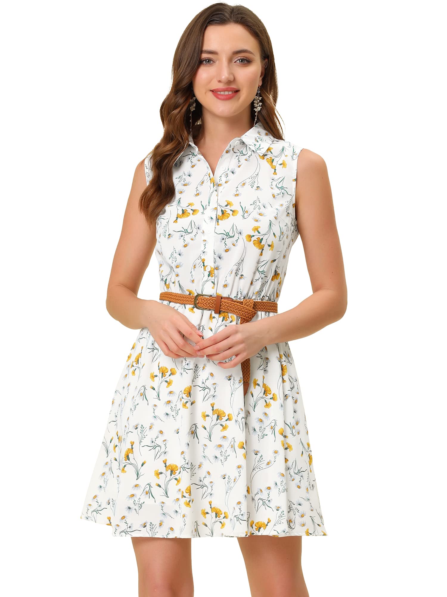 Allegra K Women's Floral Print Sleeveless Belted Midi Dress with Half Placket - Perfect for Summer Vacations, Beach Outings & Casual Daytime Wear