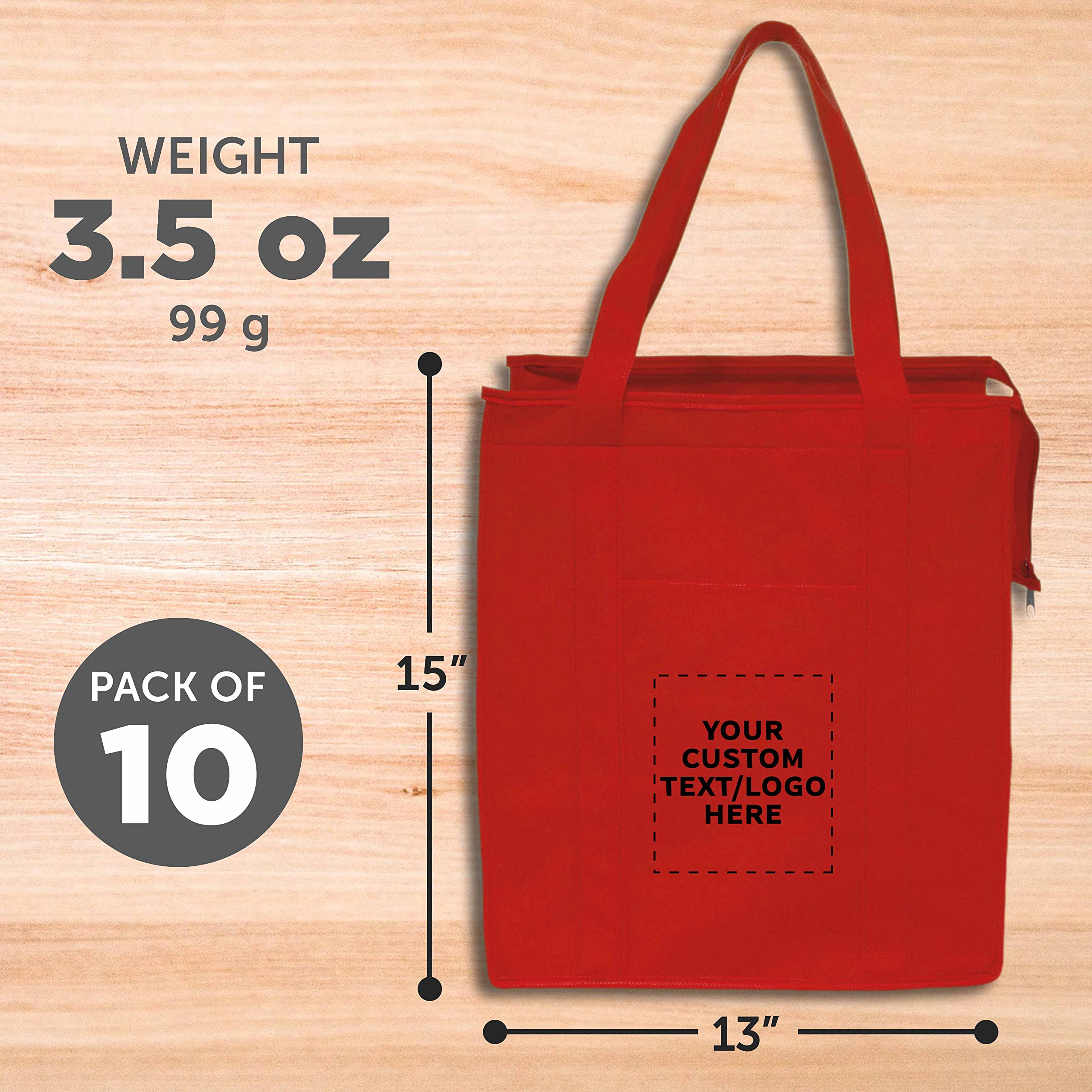 Custom Non-Woven Insulated Tote Bags - Set of 10 Reusable Personalized Bulk Pack - Eco-Friendly Shopping, Picnic, Camping & Beach Essentials - Perfect for Groceries, Outdoor Activities & Corporate Gifts - Red