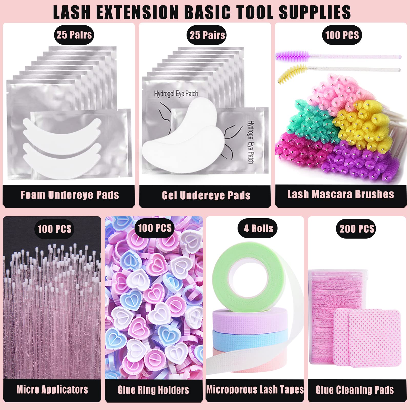 554 PCS Professional Eyelash Extension Kit for Lash Technicians - Includes 25 Foam Lash Pads, 25 Eye Gel Pads, 100 Glue Rings, 100 Eyelash Brushes, 100 Micro Applicators, 200 Glue Wipes & 4 Lash Tapes - Perfect for Salon, Spa & Home Lash Extensions