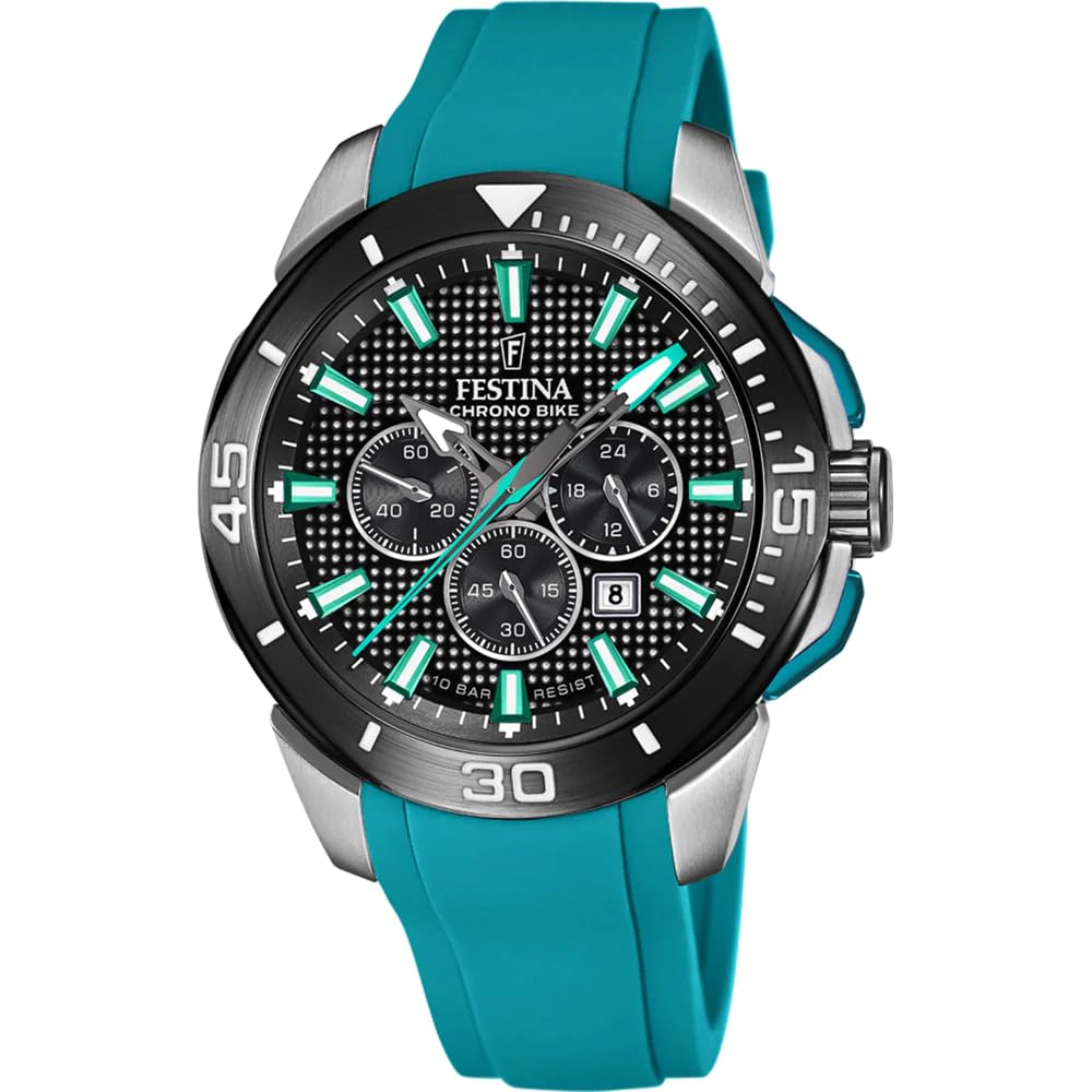 Festina F20642/3 Men's Analog Quartz Watch - Waterproof Silicone Strap, Silver Black Green Dial, Adjustable One Size - Perfect for Casual Wear, Sports & Outdoor Activities