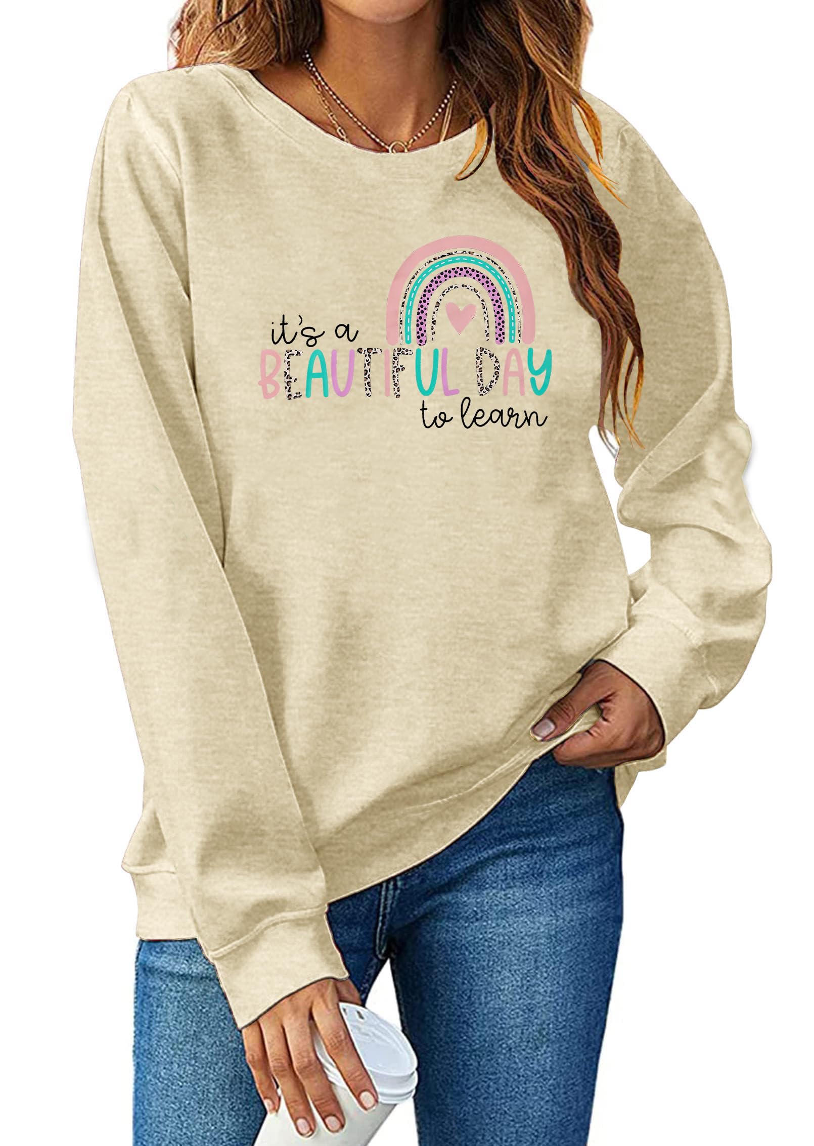 VILOVE Women's Rainbow 'It's a Beautiful Day to Learn' Funny Teacher Sweatshirt - Book Lover Pullover for Reading, School & Library - Cozy Bookworm Gift for Educators & Students