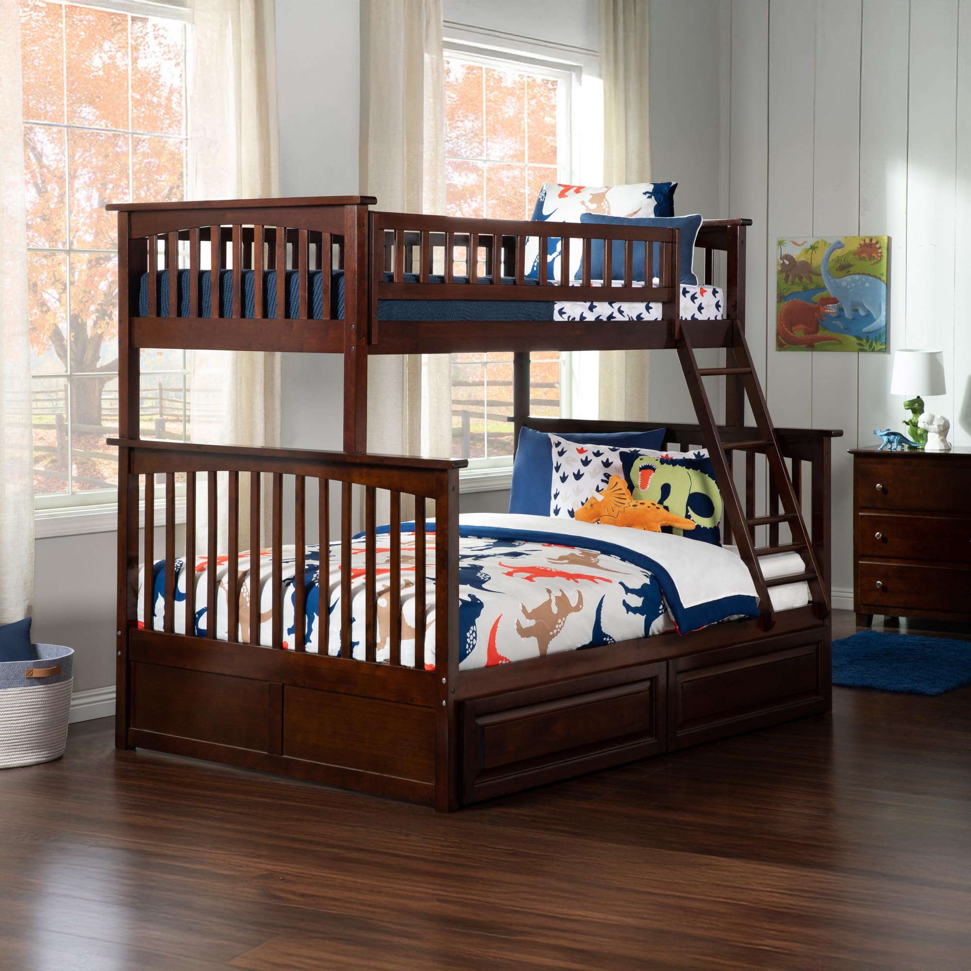AFI Columbia Twin Over Full Size Bunk Bed with Raised Panel Drawers & USB Charging Station - Solid Walnut Wood for Kids, Teens & Guest Rooms - Space Saving Solution for Small Bedrooms & Vacation Homes