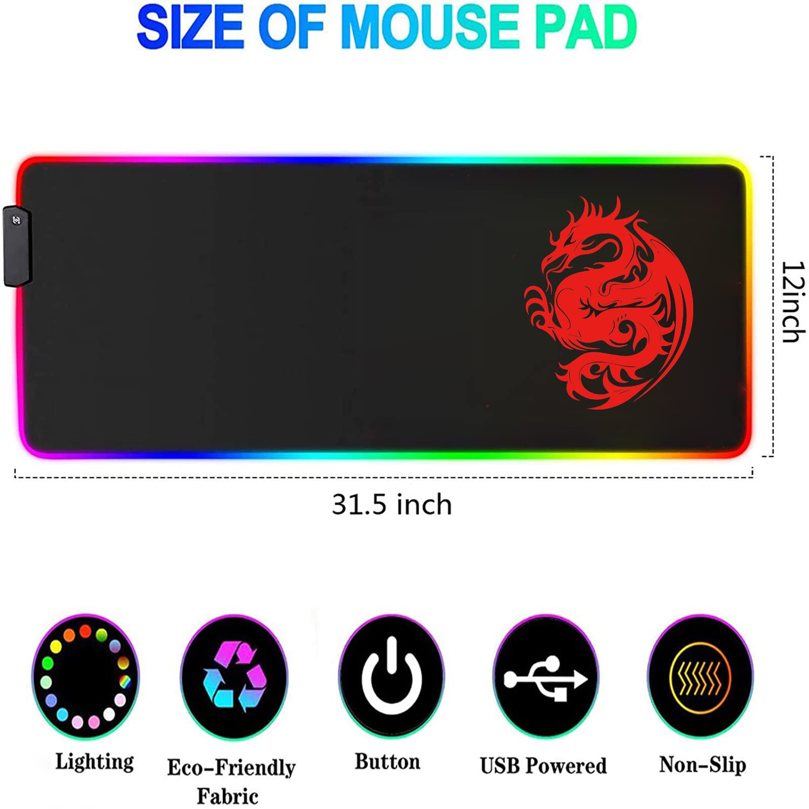RGB Gaming Mouse Pad with 15 LED Light Modes - Large Extended Keyboard Mouse Mat (31.5x12in) for PC Gamers - Dragon Design Non-Slip Surface - Perfect for Gaming Setups, Office Work & Streaming (Red)