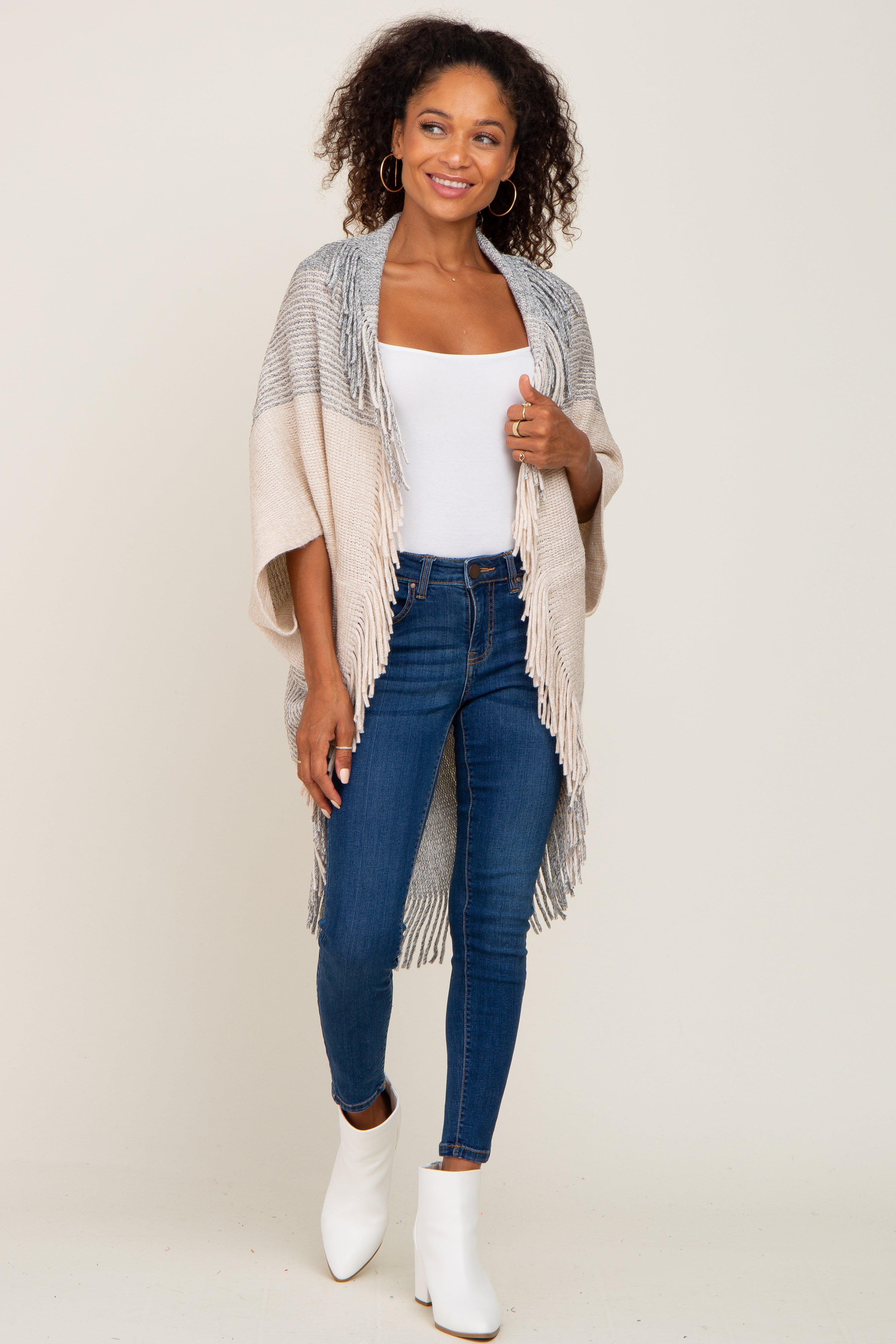 Beige Grey Fringe Knit Maternity Cover Up - Soft Nursing Shawl for Breastfeeding Moms - Perfect for Pregnancy, Hospital, Beach & Photo Shoots