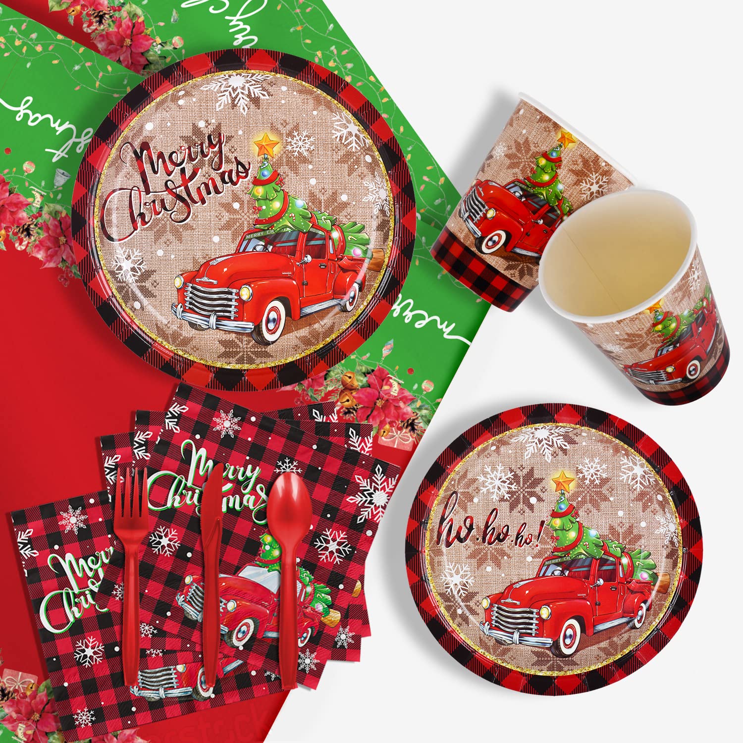 Disposable Christmas Party Supplies Set - 25-Piece Paper Plates, Napkins, Cups, Cutlery & Tablecloth for Holiday Decorations - Perfect for Christmas Dinner, Office Parties & Festive Gatherings
