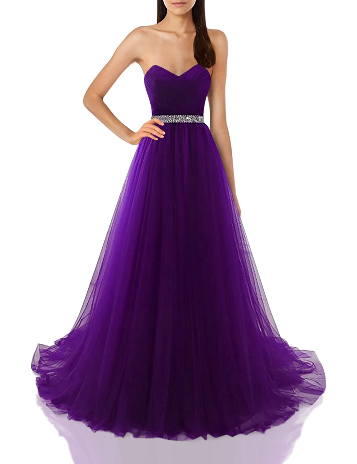 Elegant Strapless Prom Dress for Women - Tulle Princess Evening Gown with Rhinestone Beaded Belt | Formal Dance, Wedding Guest, Quinceañera, Red Carpet Event