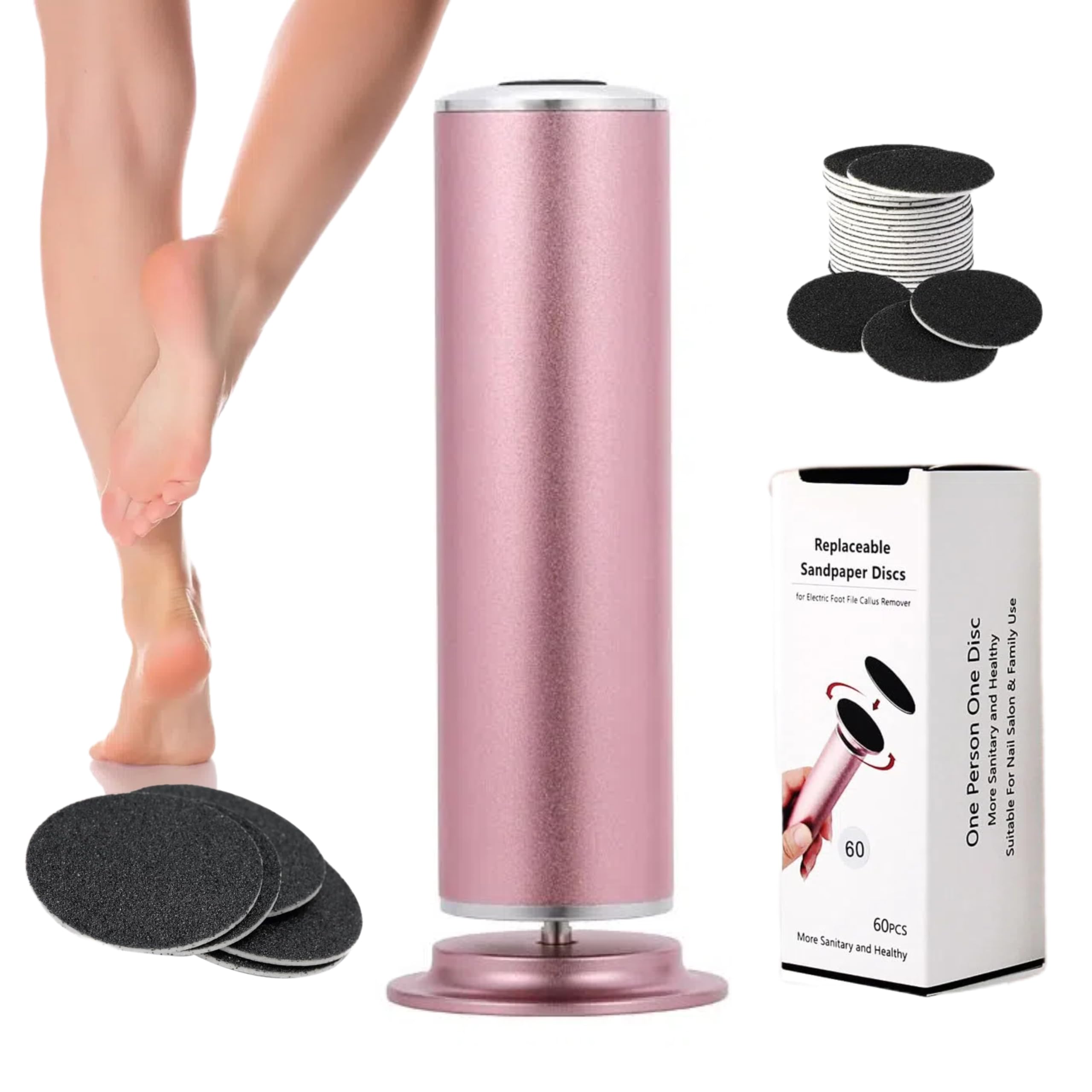 Professional Electric Foot Callus Remover with 60 Sandpaper Discs - Adjustable Speed Pedicure Tool for Dead Skin & Cracked Heels - Foot Sander & Exfoliator for Soft Smooth Feet - Perfect for Home Pedicure & Foot Care (Pink)