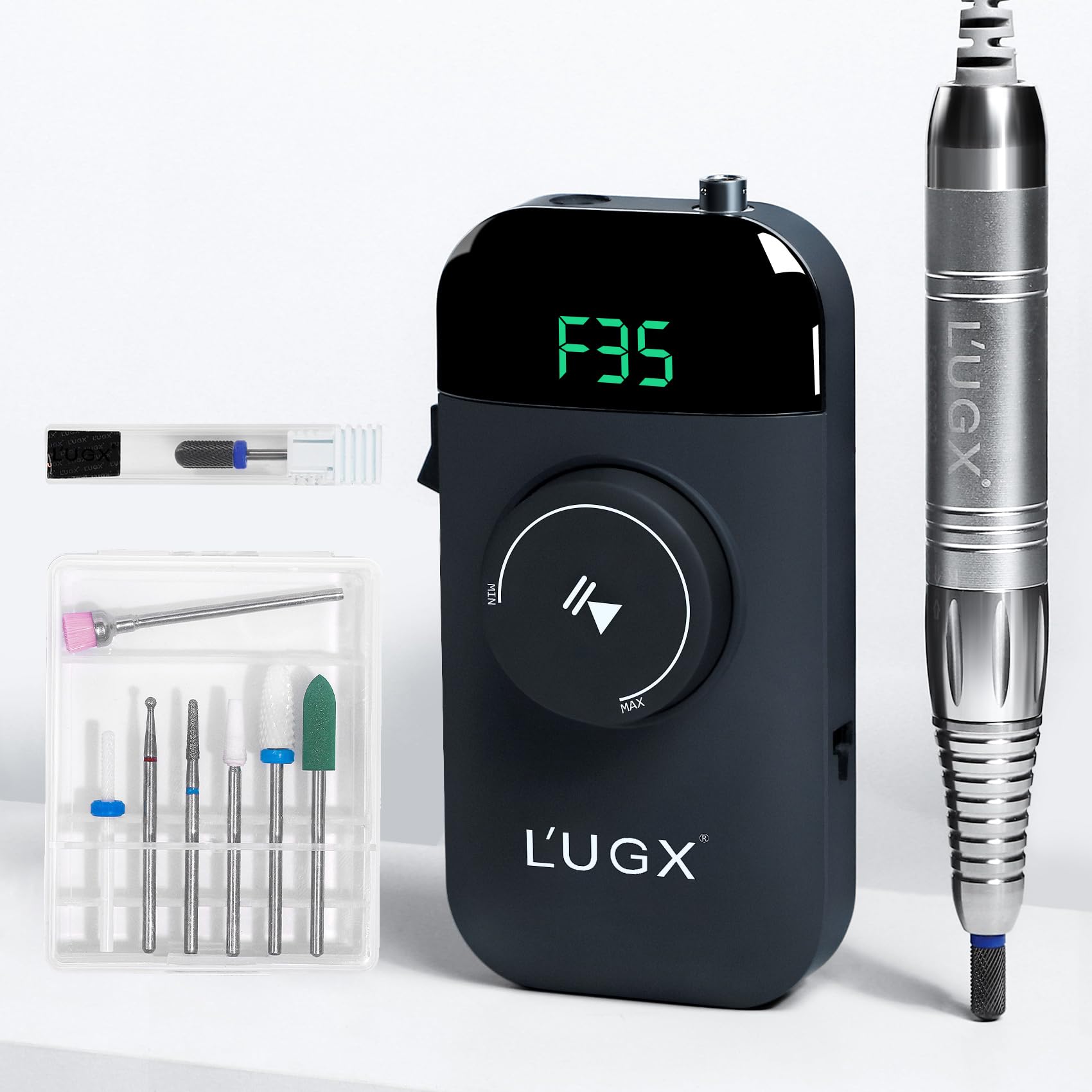 Professional L'UGX 35000RPM Brushless Electric Nail Drill Machine - Cordless Rechargeable Nail Efile for Acrylic & Gel Nails with 8Pcs Drill Bits | Low Noise & Vibration | Perfect for Salon, Home Manicure & Nail Art Professionals