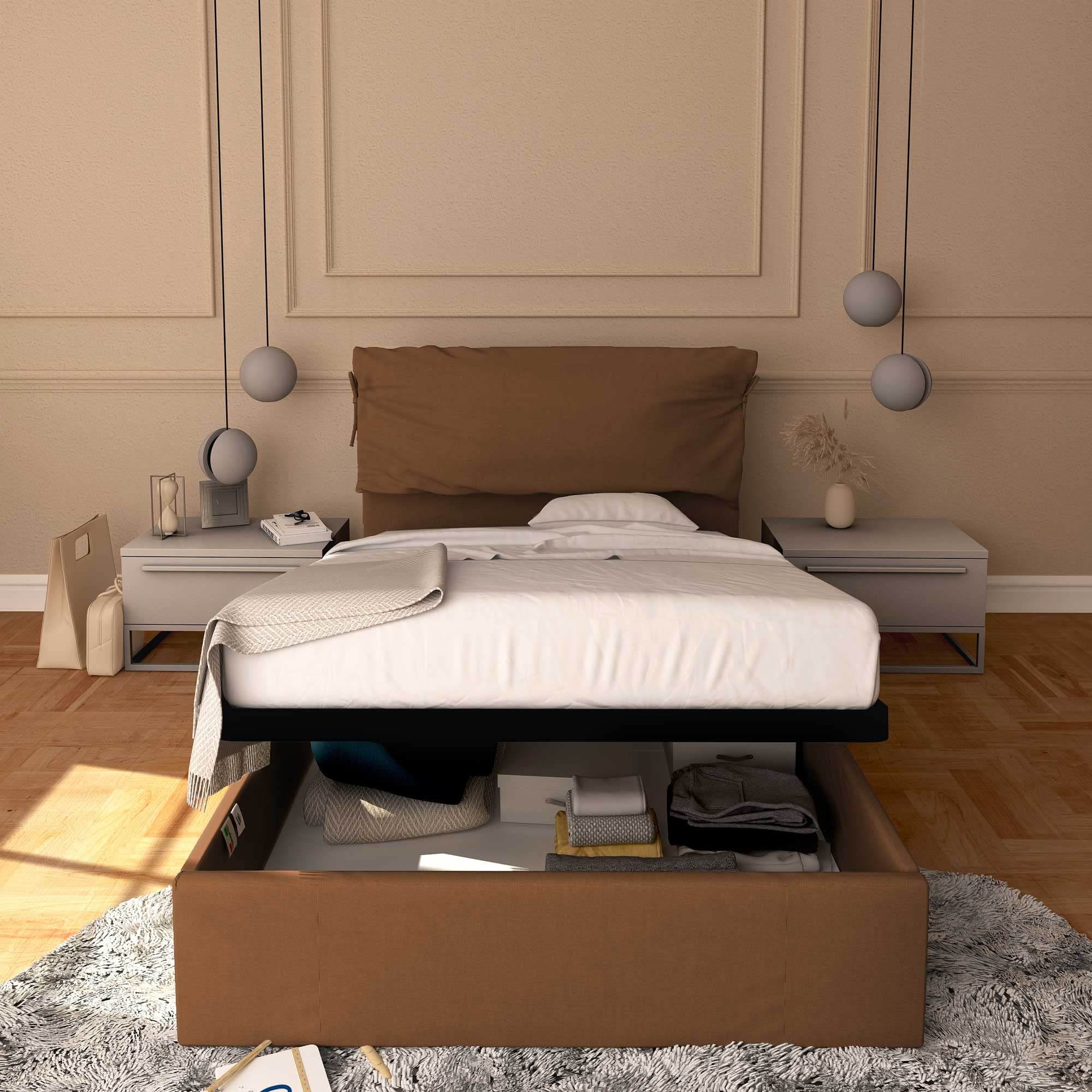 Baldiflex Single Bed with Storage - Licia Soft Synthetic Leather, Slatted Base for Single Mattress, 120 x 200 cm, Padded Headboard, Brown - Perfect for Small Bedrooms, Guest Rooms & Studio Apartments