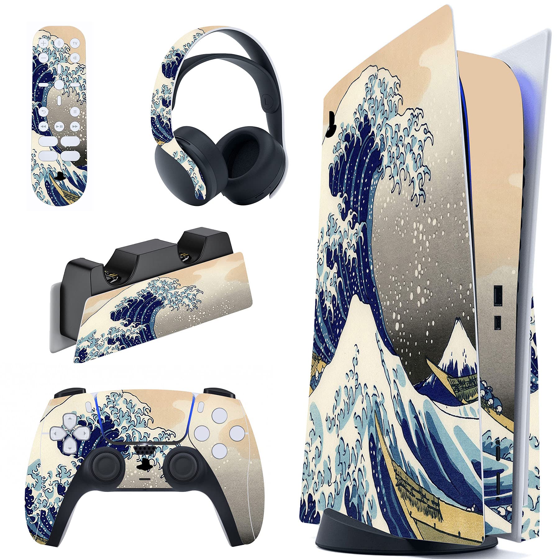 PlayVital PS5 Controller Skin Sticker - Full Protection Decal for PS5 Console, Controller, Charging Dock & Headset - Wave Design Double-Sided Adhesive (Gaming Accessories for Enhanced Style & Protection)