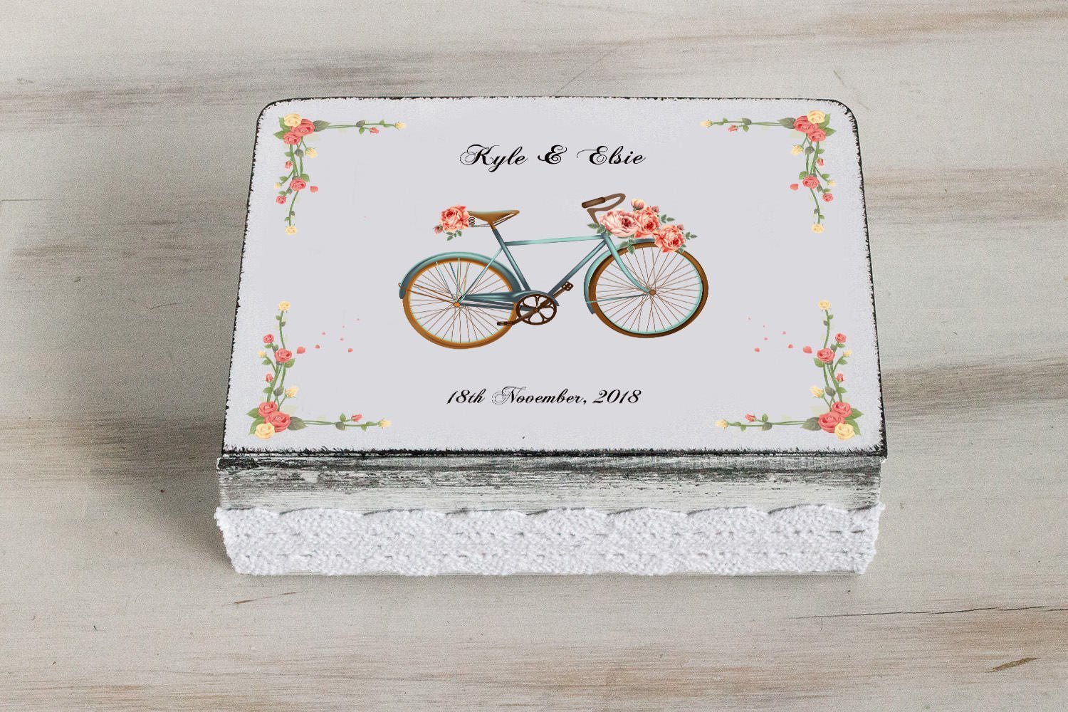 Personalized Ivory Ring Box for Wedding - Elegant Ring Bearer Box with Roses & Flowers, Bicycle-Themed Spring Wedding Ring Holder, Engagement Gift Box | Perfect for Ceremonies, Proposals & Anniversaries