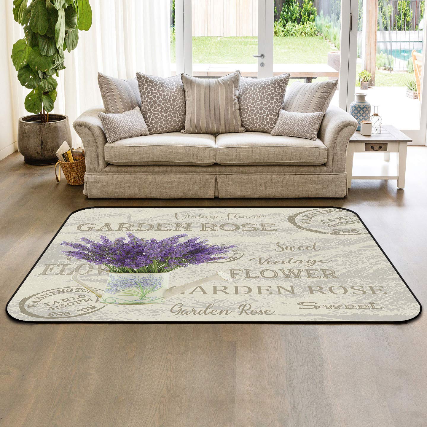 4' x 6' Large Modern Area Rugs - Soft Nursery Throw Carpet for Kids Room with Purple Lavender Flower Design | Indoor Outdoor Floor Covering for Living Room, Bedroom, Patio | Vintage Watering Pot Postcard Pattern - Perfect for Home Decor, Play Areas & Cozy Spaces