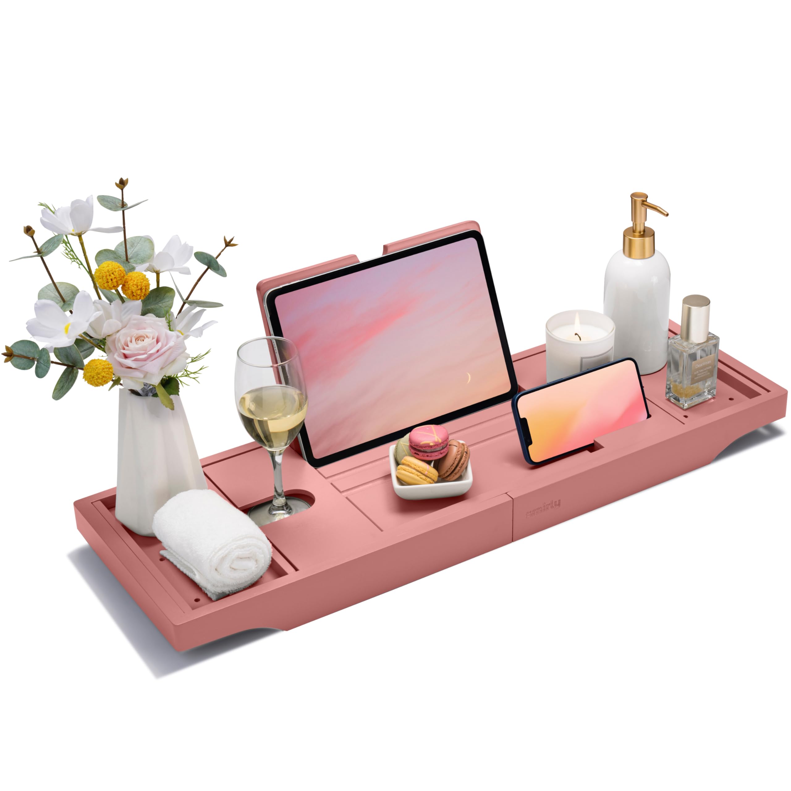 SMIRLY Expandable Bamboo Bathtub Tray - Adjustable Wooden Bath Caddy with Non-Slip Pads | Perfect for Reading, Relaxing & Spa Days in the Tub | Bathtub Accessories for Ultimate Bath Experience