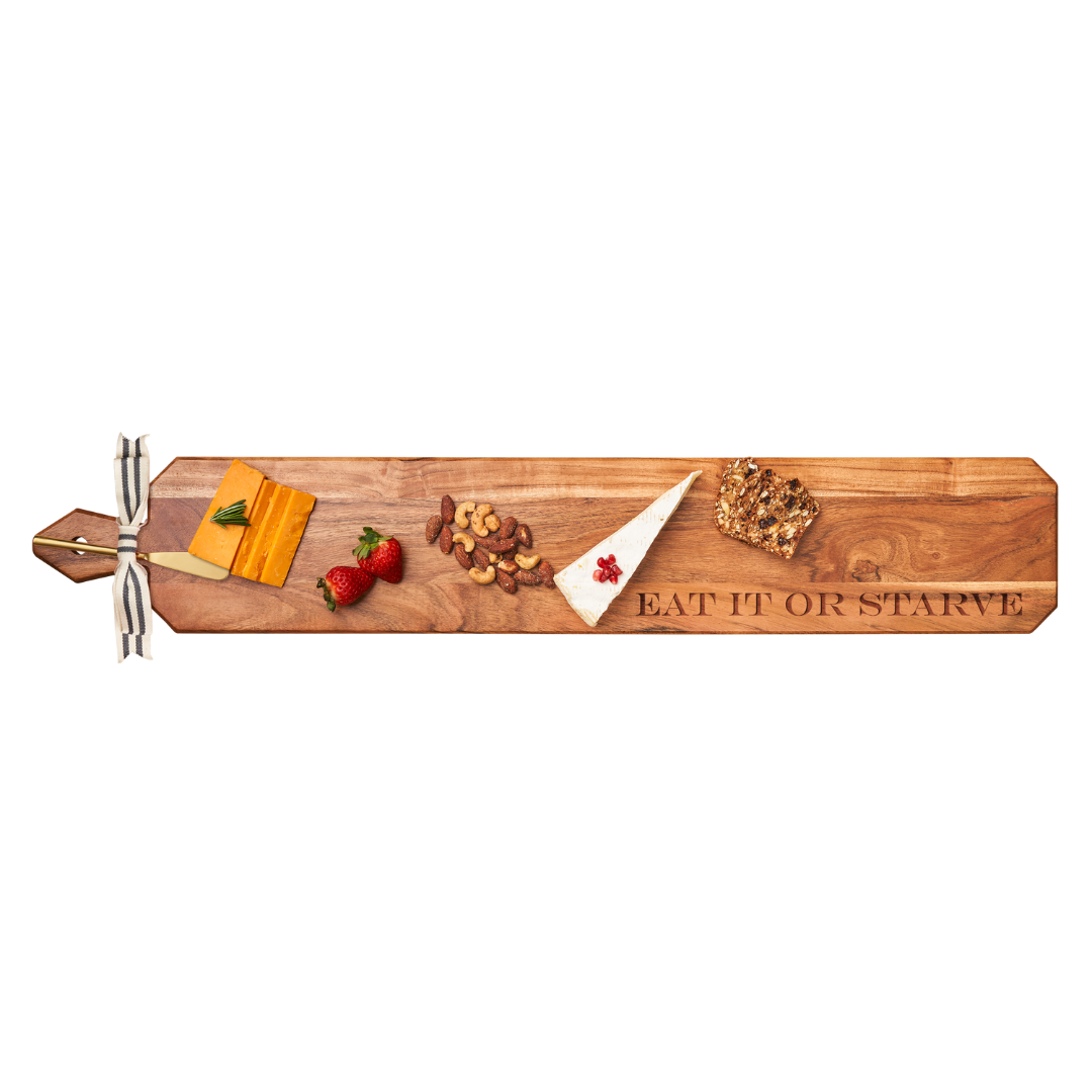 Acacia Wood Heirloom Cheese Board Set with Gold Cheese Spreader & Ribbon - 34