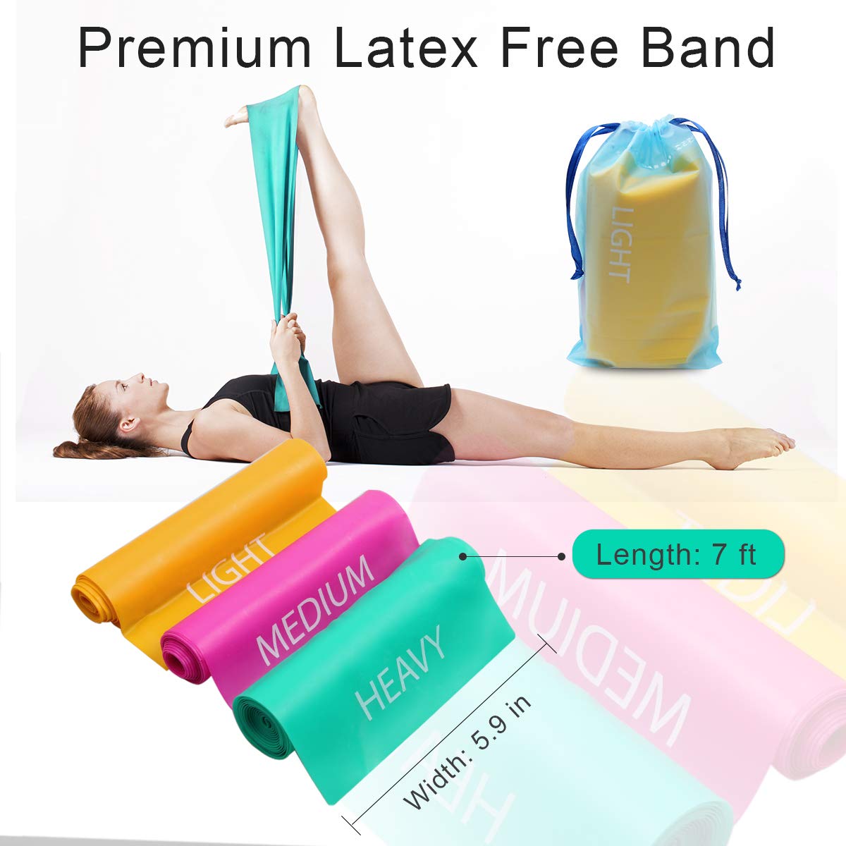 Coolrunner 7FT Latex-Free Elastic Exercise Bands Set of 3 - Wide Resistance Bands for Pilates, Yoga, Gym & Physical Therapy - Includes Carry Bag (Green, Yellow, Rose Red) - Perfect for Home Workouts, Rehabilitation & Fitness Training