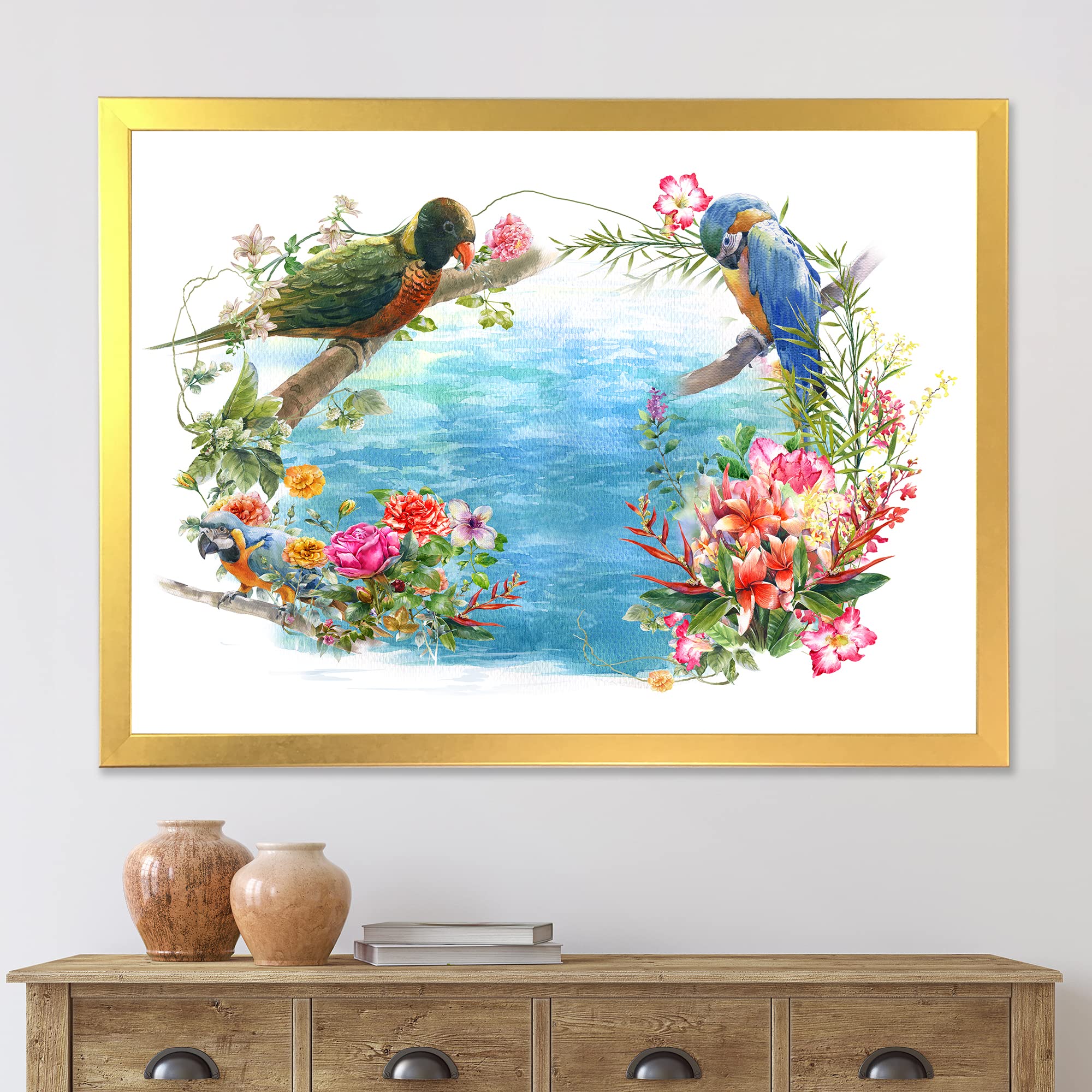 Birds and Flowers by the Blue Waterside - Traditional Framed Wall Art Painting for Living Room, Bedroom & Office Decor