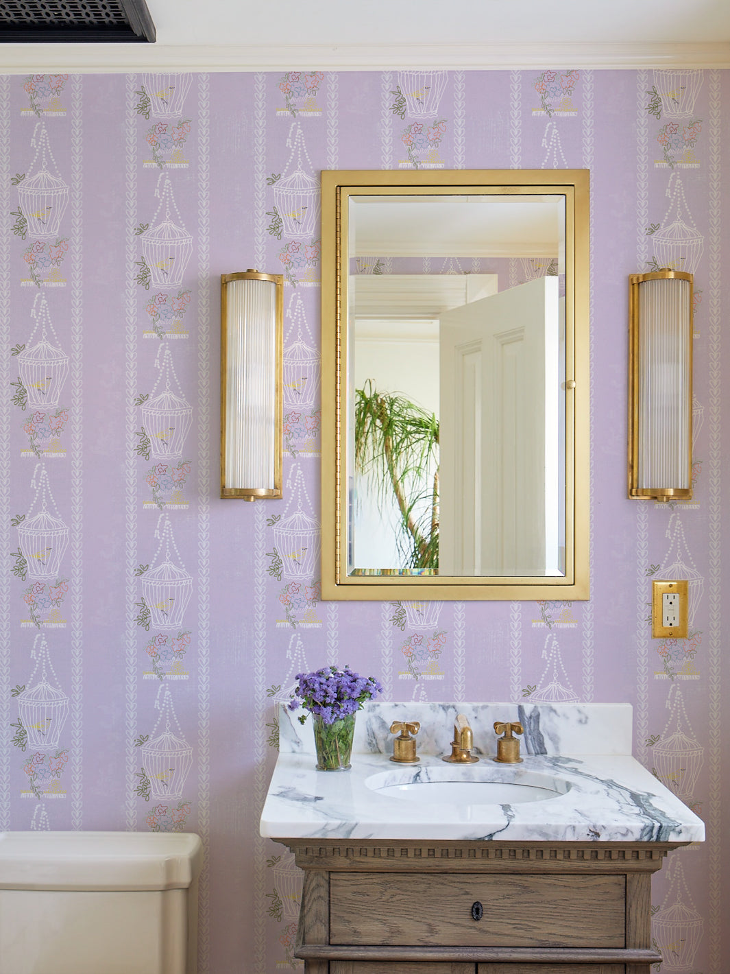 Lingua Franca Embroidered Birdcages Wallpaper - Lavender Floral Peel & Stick Wall Mural for Bedroom, Nursery, and Living Room Decor