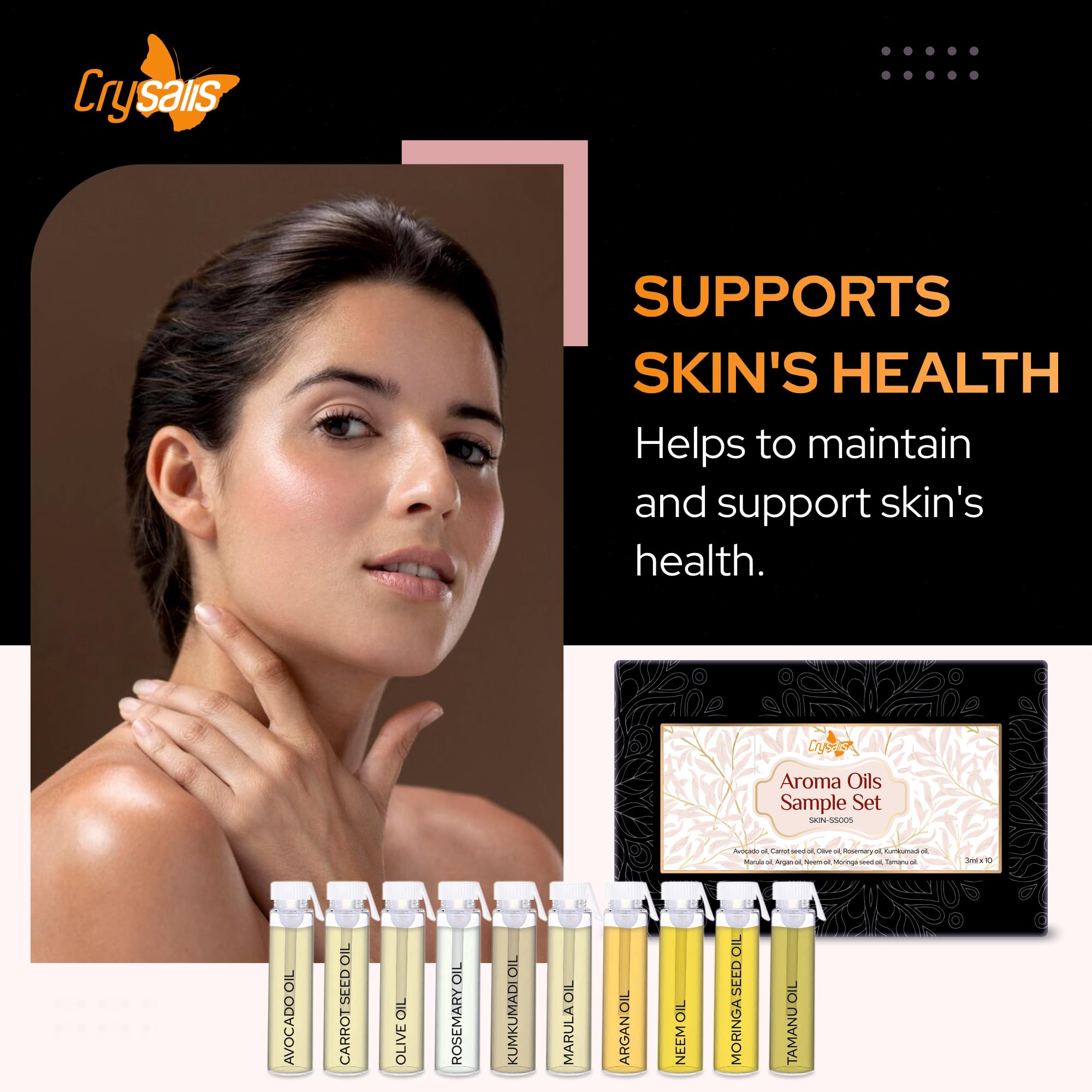 Organic Crysalis Skin Care Oil Set - 10 x 3ml (Avocado, Carrot Seed, Olive, Rosemary, Kumkumadi, Marula, Argan, Neem, Moringa, Tamanu) | Natural Face & Hair Treatment | Perfect for DIY Beauty, Massage & Aromatherapy