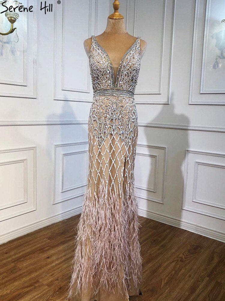 Serene Hill Nude Pink Mermaid Evening Gown with High Split & Feather Details - Elegant Beaded Prom Dress for Women 2025 - Perfect for Formal Parties, Weddings & Red Carpet Events