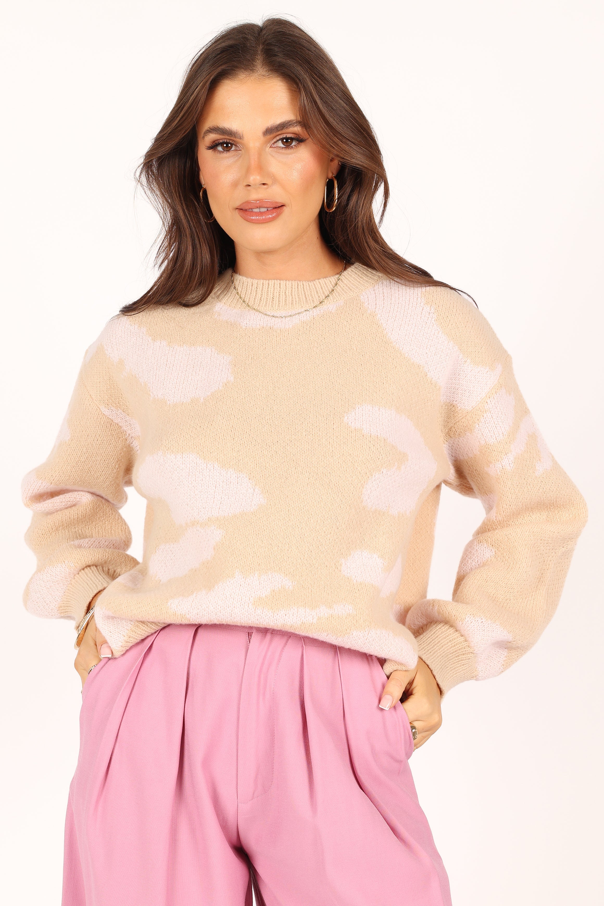 Cora Two Tone Print Knit Sweater for Women - Soft Beige Pullover | Cozy Fall & Winter Fashion | Perfect for Casual Outings and Office Wear