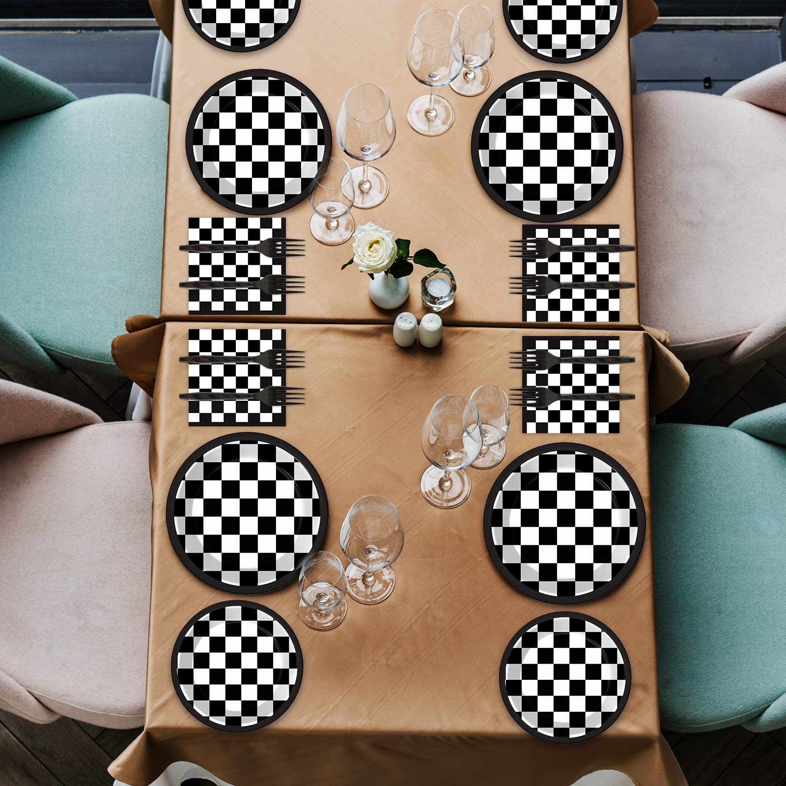 96-Piece Black and White Checkered Tableware Set - Racing Car Themed Plates, Napkins & Forks for 24 Guests - Perfect for Race Car Birthday Parties, Sports Events & Themed Dessert Tables
