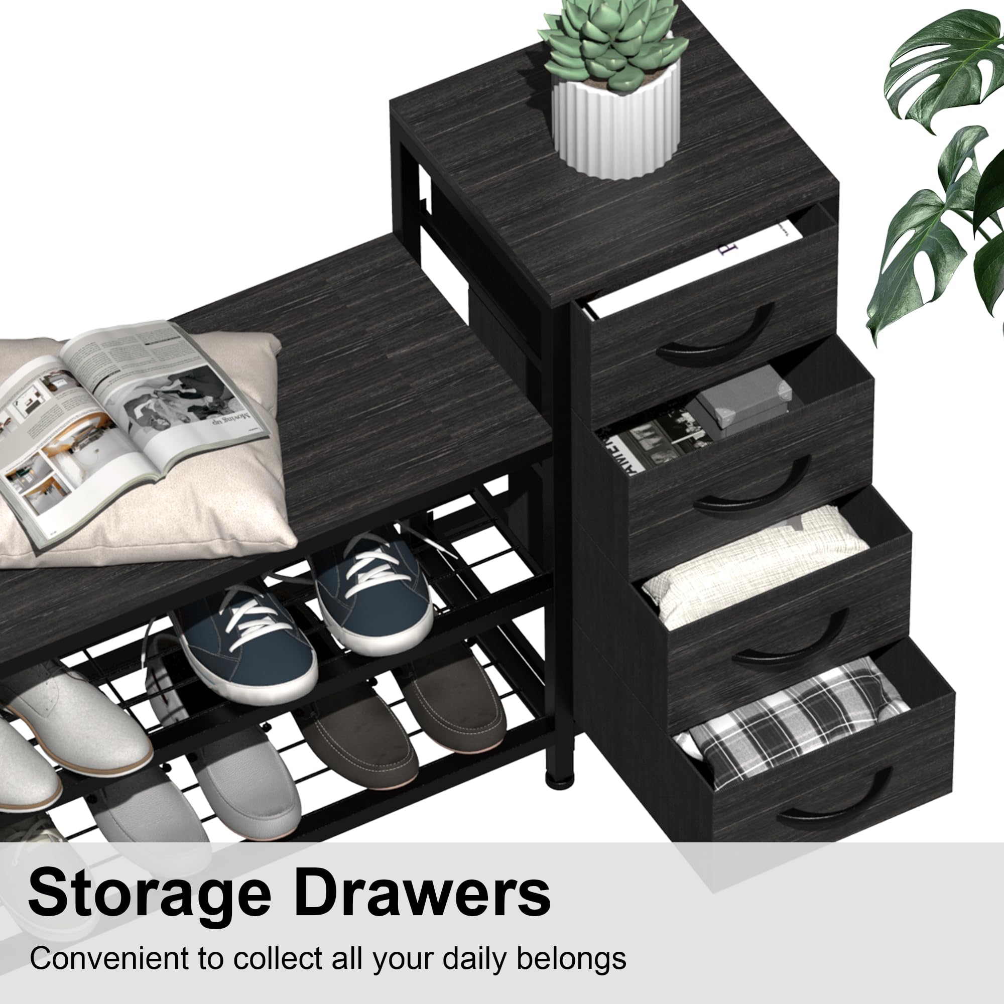 EXOTICA 3-Tier Shoe Storage Bench with 4 Fabric Drawers - Sturdy Metal Frame & Wooden Seat - Entryway Organizer for Shoes, Hats & Accessories | Perfect for Hallway, Front Door & Small Space Organization