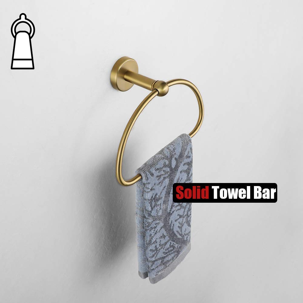 JQK Gold Stainless Steel Towel Ring - 7 Inch Brushed Golden Wall Mount Bathroom Towel Holder (TR160-BG) - Perfect for Modern Bathrooms & Powder Rooms