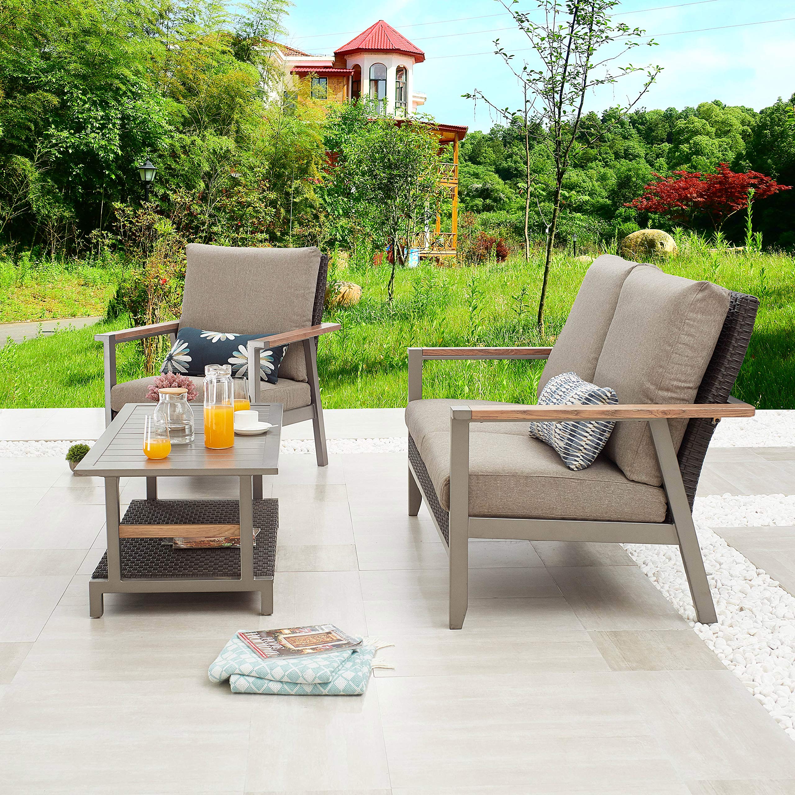 LOKATSE HOME 3-Piece Patio Outdoor Furniture Set - All-Weather Wicker Loveseat & Sofa Chair with Removable Cushions & Coffee Table - Brown - Perfect for Garden, Backyard, Poolside & Balcony Relaxation