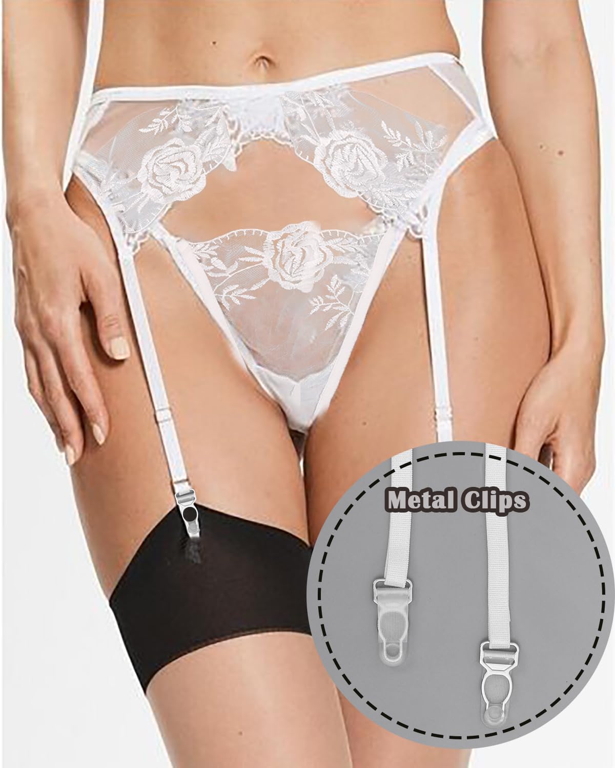 Sexy Lace Garter Belt & Thong Set for Women - 4 Metal Clip Suspender Lingerie with Adjustable Straps & G-String Panty - Perfect for Bridal, Boudoir, Valentine's Day & Special Occasions